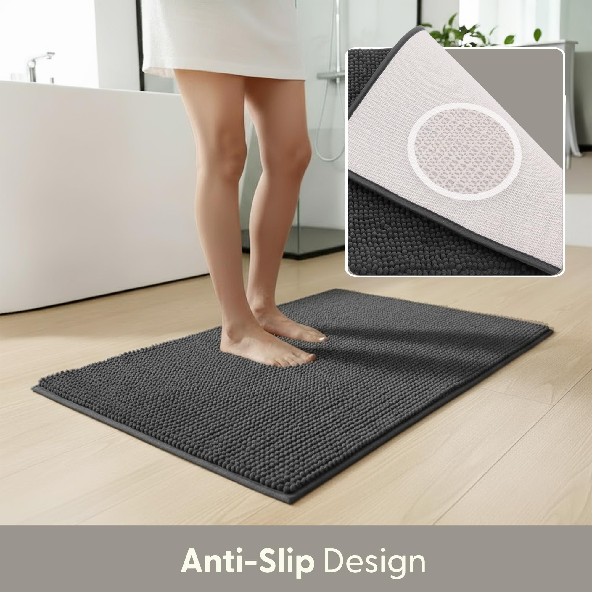 KEPLIN Non-Slip Microfibre Bath Mat - Soft Chenille, Quick-Dry, Grey | 50 x 80 cm 6