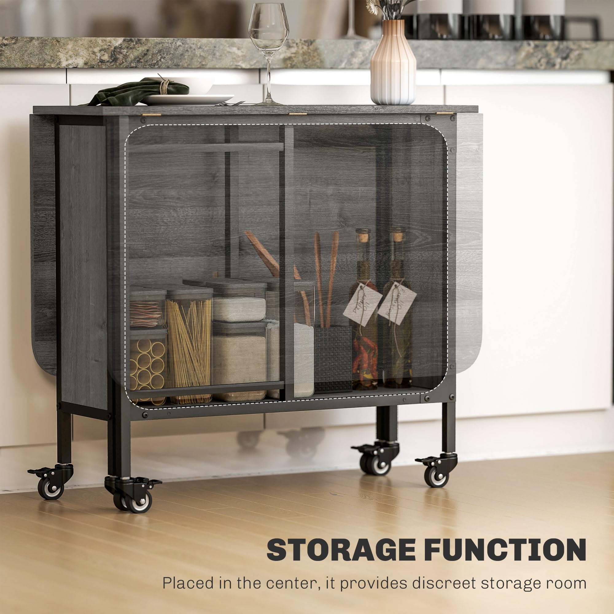 HOMCOM Mobile Drop Leaf Dining Table - Extendable, Foldable, with 6 Wheels & Storage | Grey 5