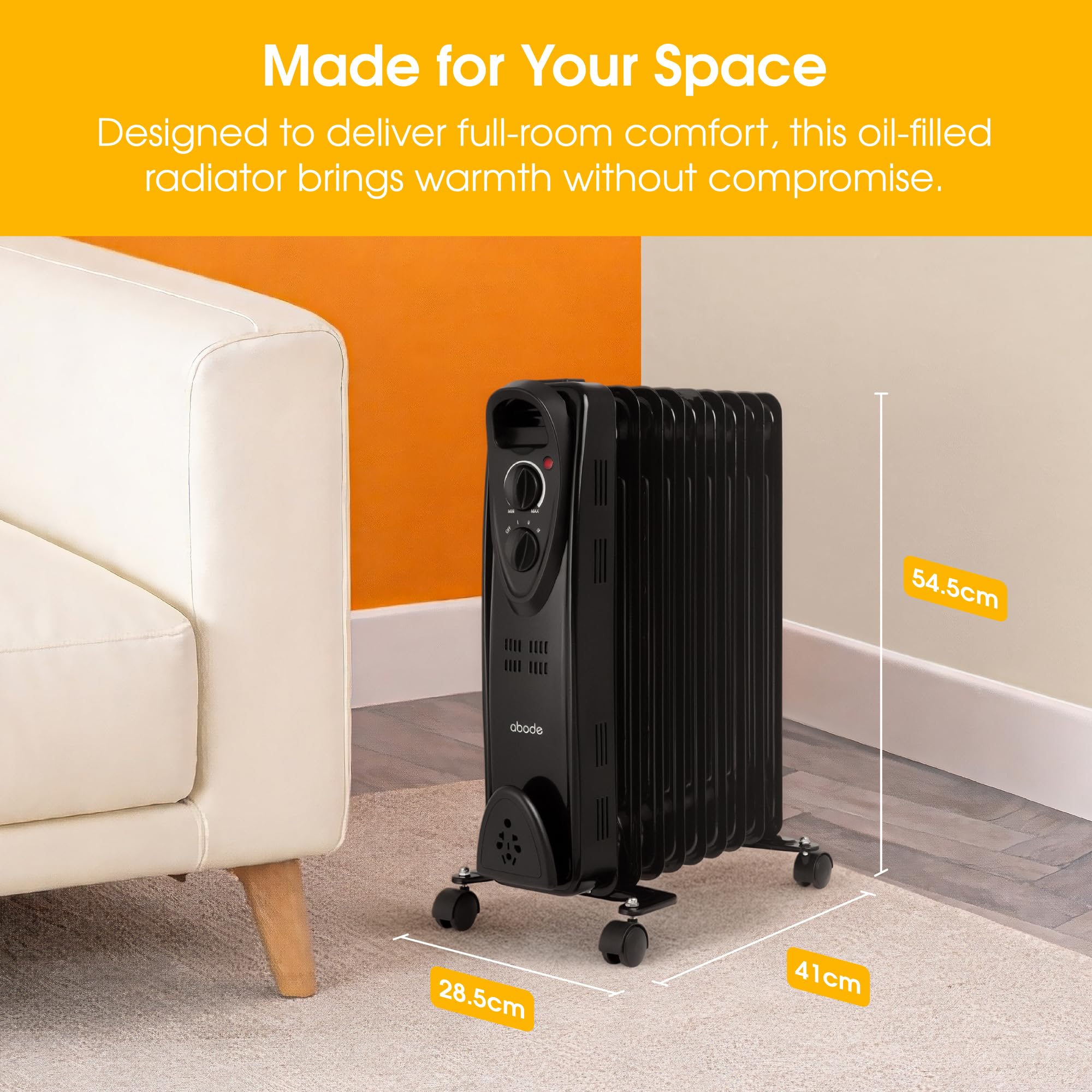 Abode 9 Fin Oil Filled Radiator 2000W Portable Electric Heater | 3 Heat Settings | Black 3