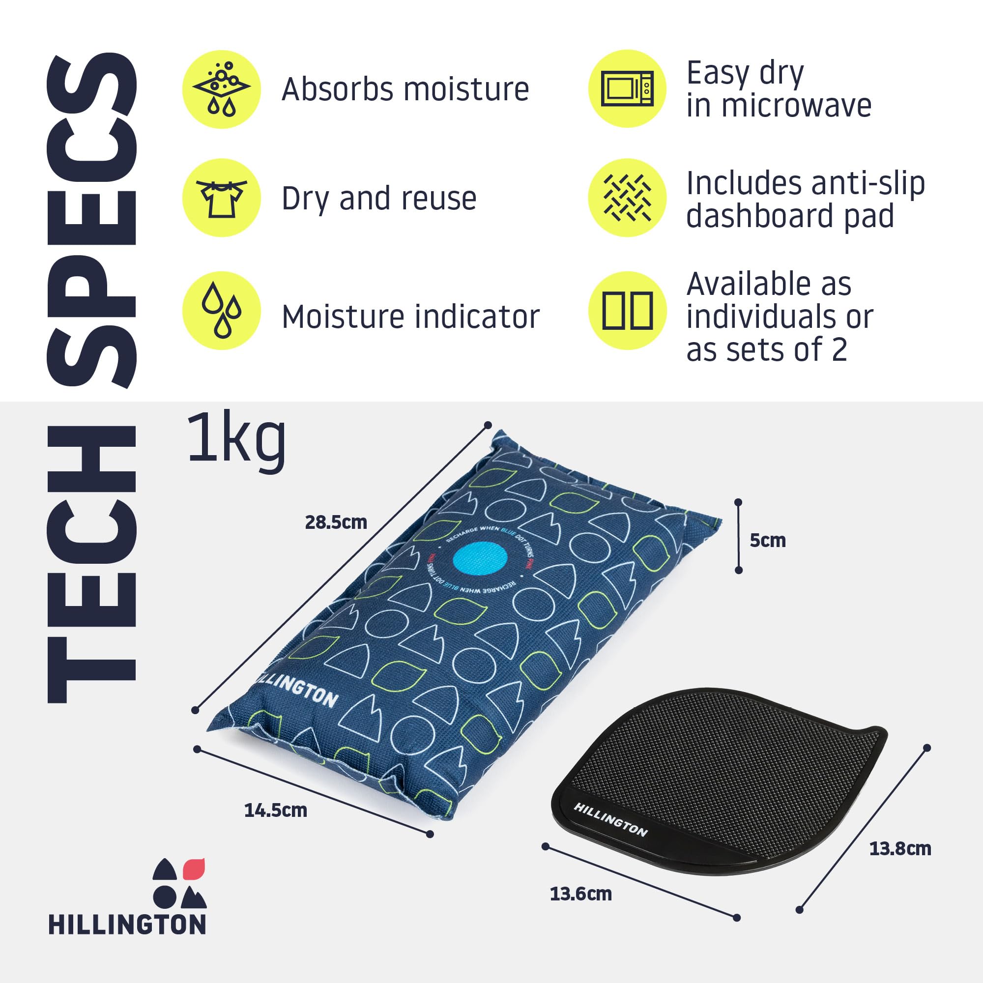 Hillington Reusable Car Dehumidifier Bag - 1kg Moisture Absorber (2-Pack) | Portable Blue Unit 8