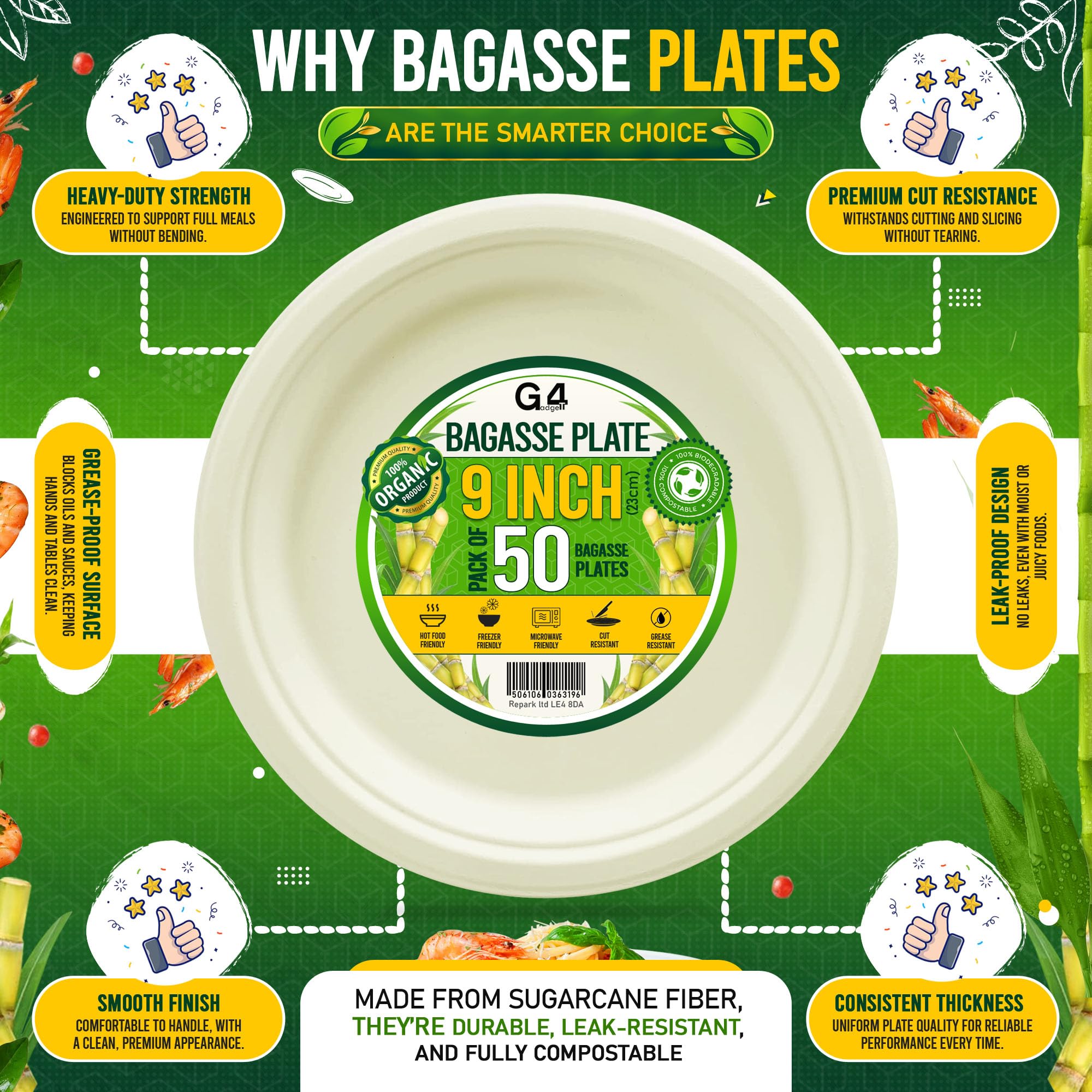 G4GADGET 9 Inch Bagasse Paper Plates - 50 Pack | Eco-Friendly, Microwave & Freezer Safe 3