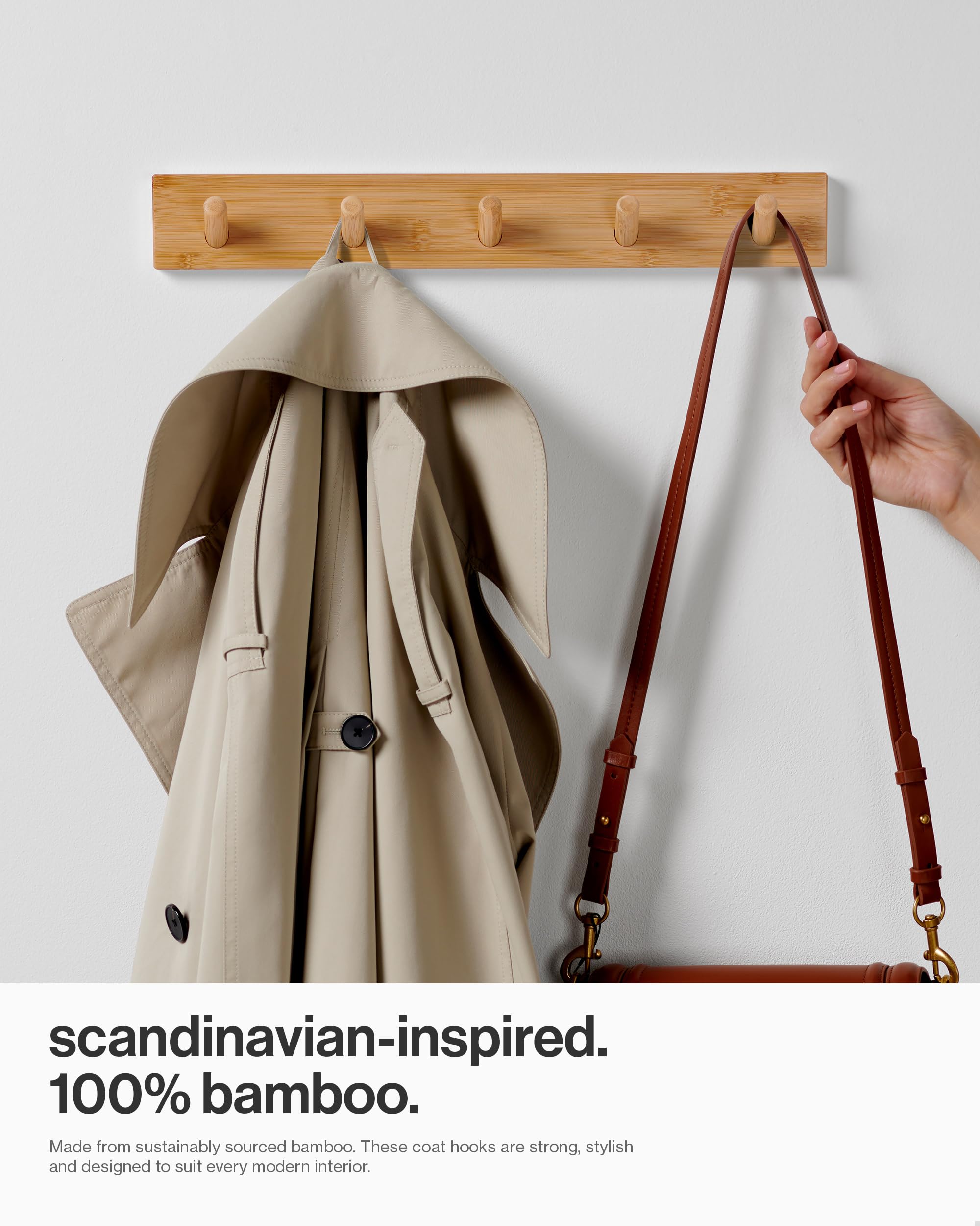 LARHN Wooden Wall Coat Rack with 5 Hooks - 2-Pack | Bamboo Finish | Heavy Duty