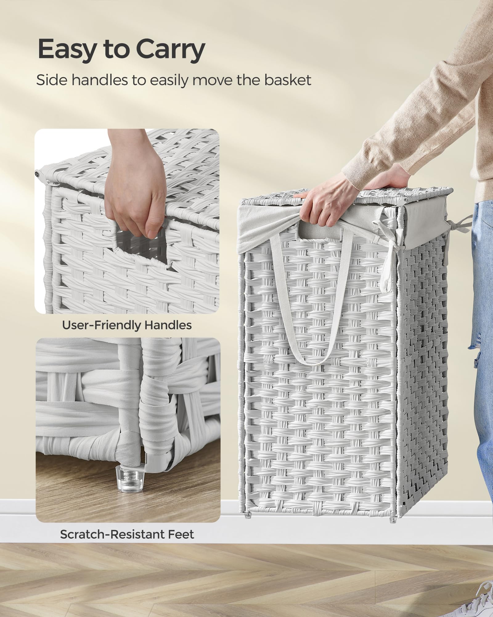 SONGMICS Handwoven Laundry Basket - 90L Capacity, Foldable, White Synthetic Rattan Hamper with Lid 4