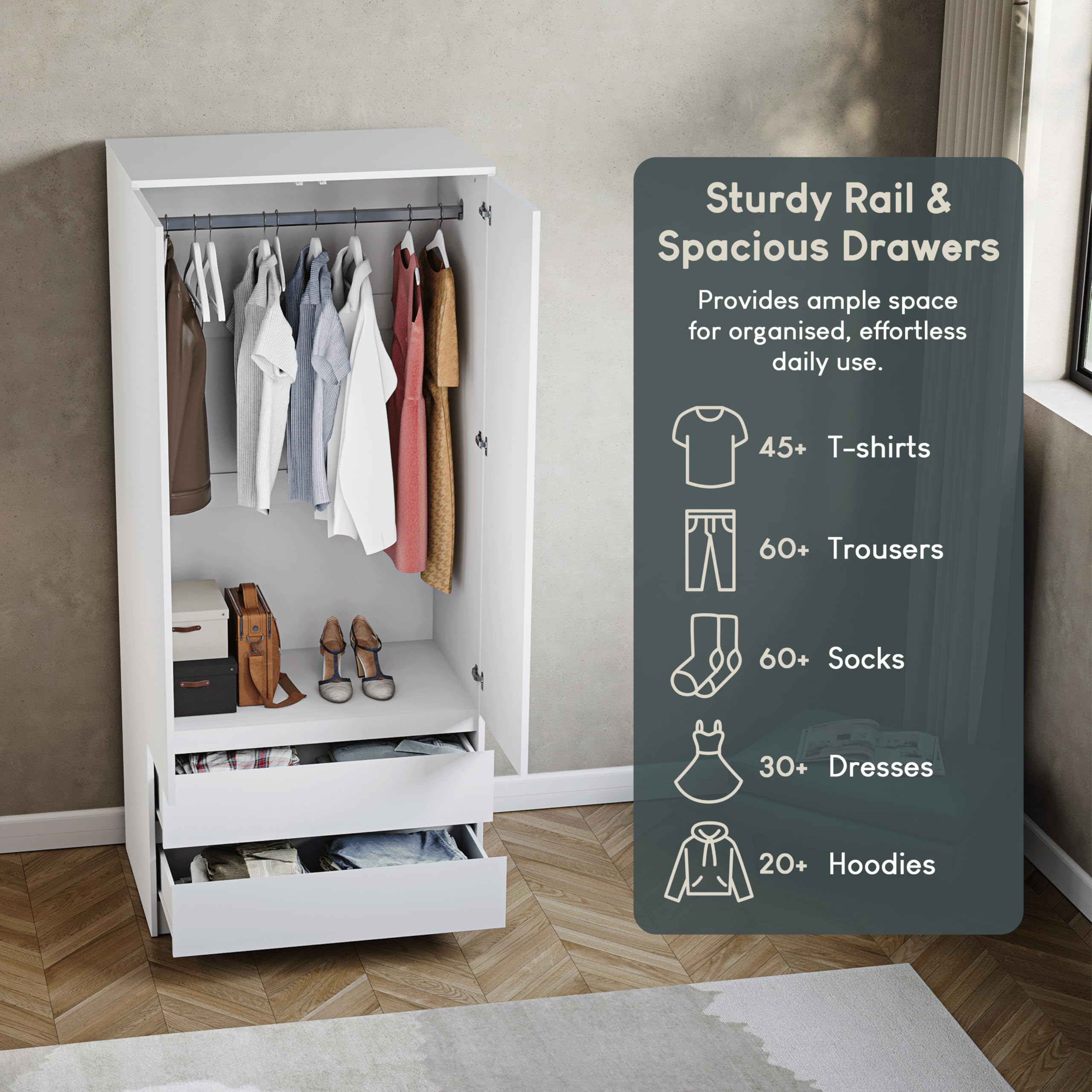 Vida Designs Denver 2 Door Wardrobe with 2 Drawers | H170 x W76 x D47 cm | White 5