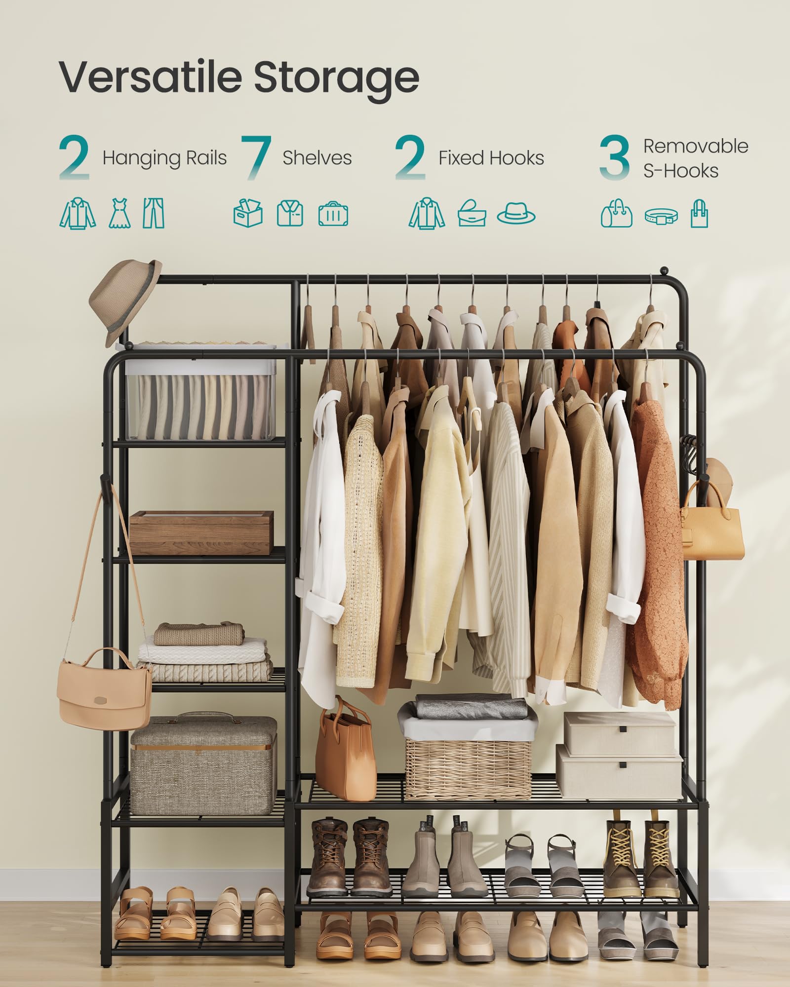 SONGMICS Clothes Rack - Open Wardrobe with 7 Shelves & 2 Hanging Rails | Black Alloy Steel 3