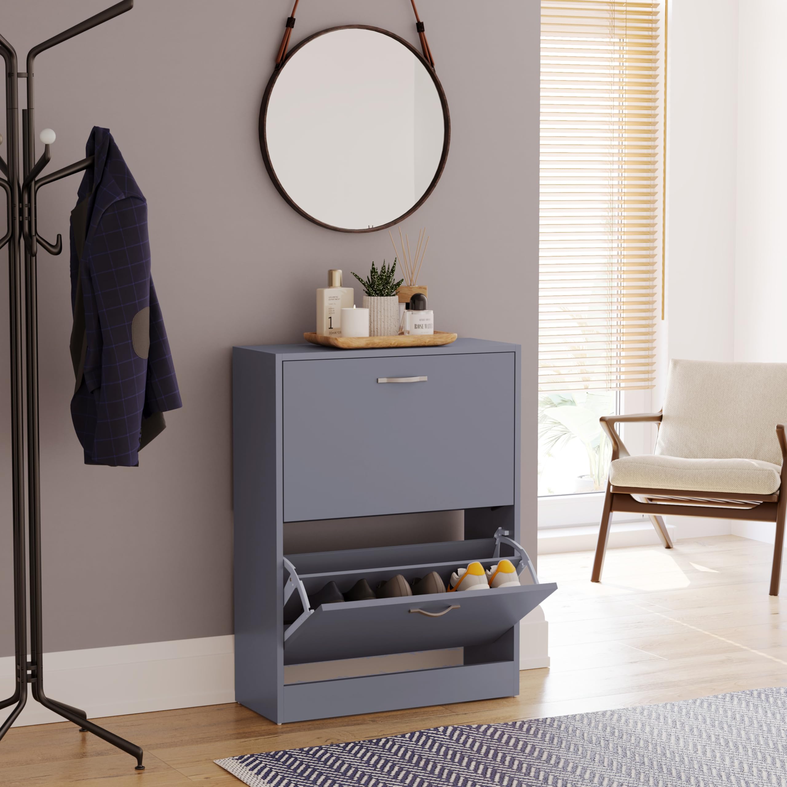 Vida Designs Wooden Shoe Cabinet with 2 Pull-Down Drawers | Slim, Freestanding Storage | Grey 4