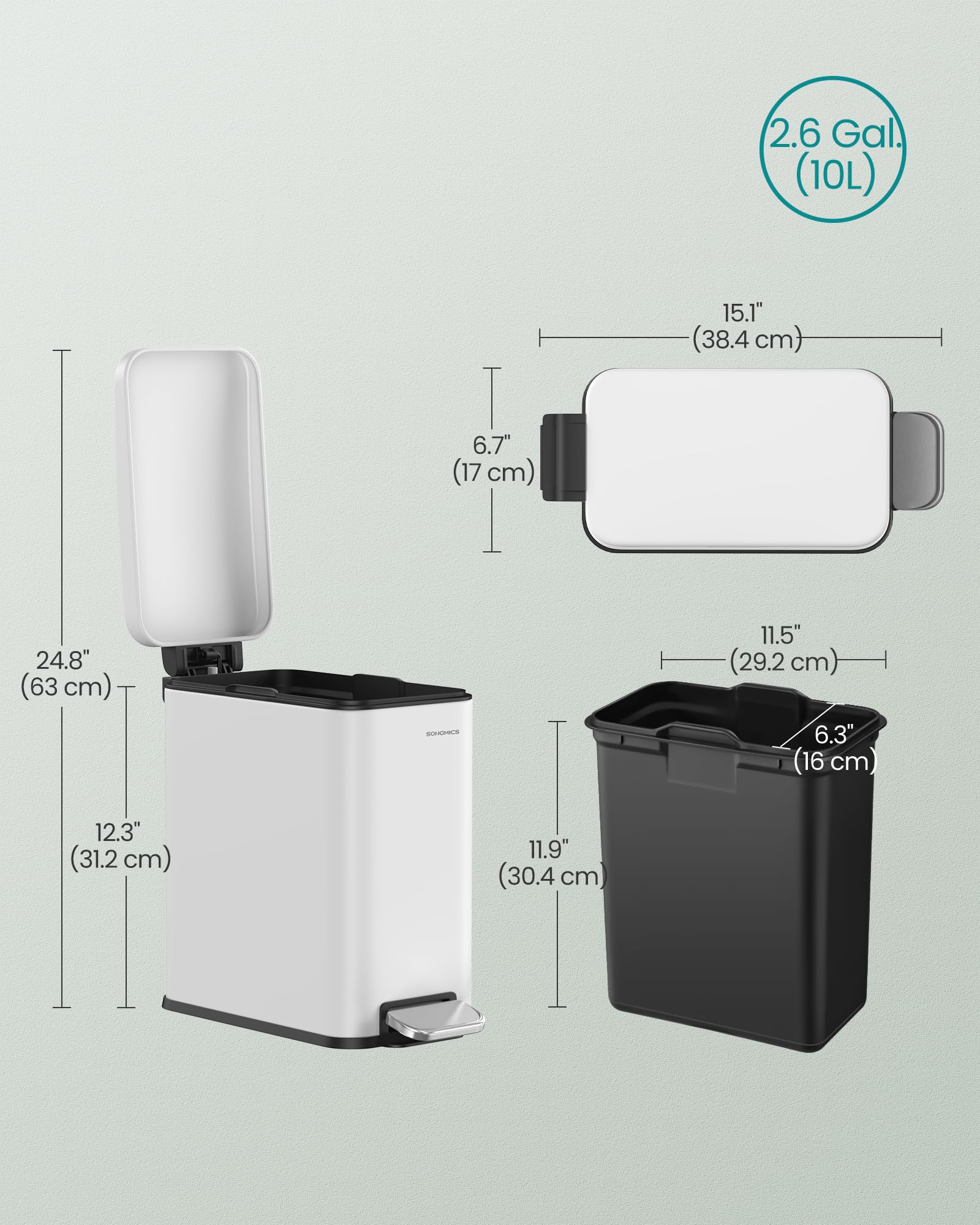 SONGMICS Slim Pedal Bathroom Bin - 10L Capacity | Rust-Resistant Steel | Quiet Close 7