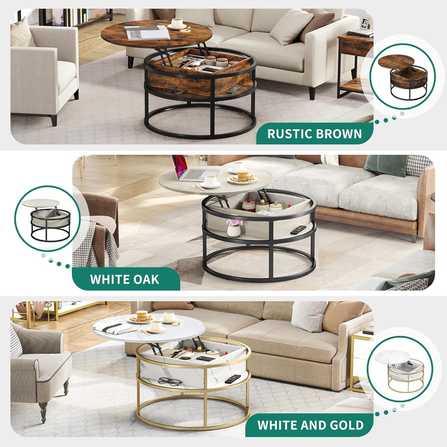 YITAHOME Round Lift Top Coffee Table - Storage, Modern Style, Brown | 80x80x47cm 7