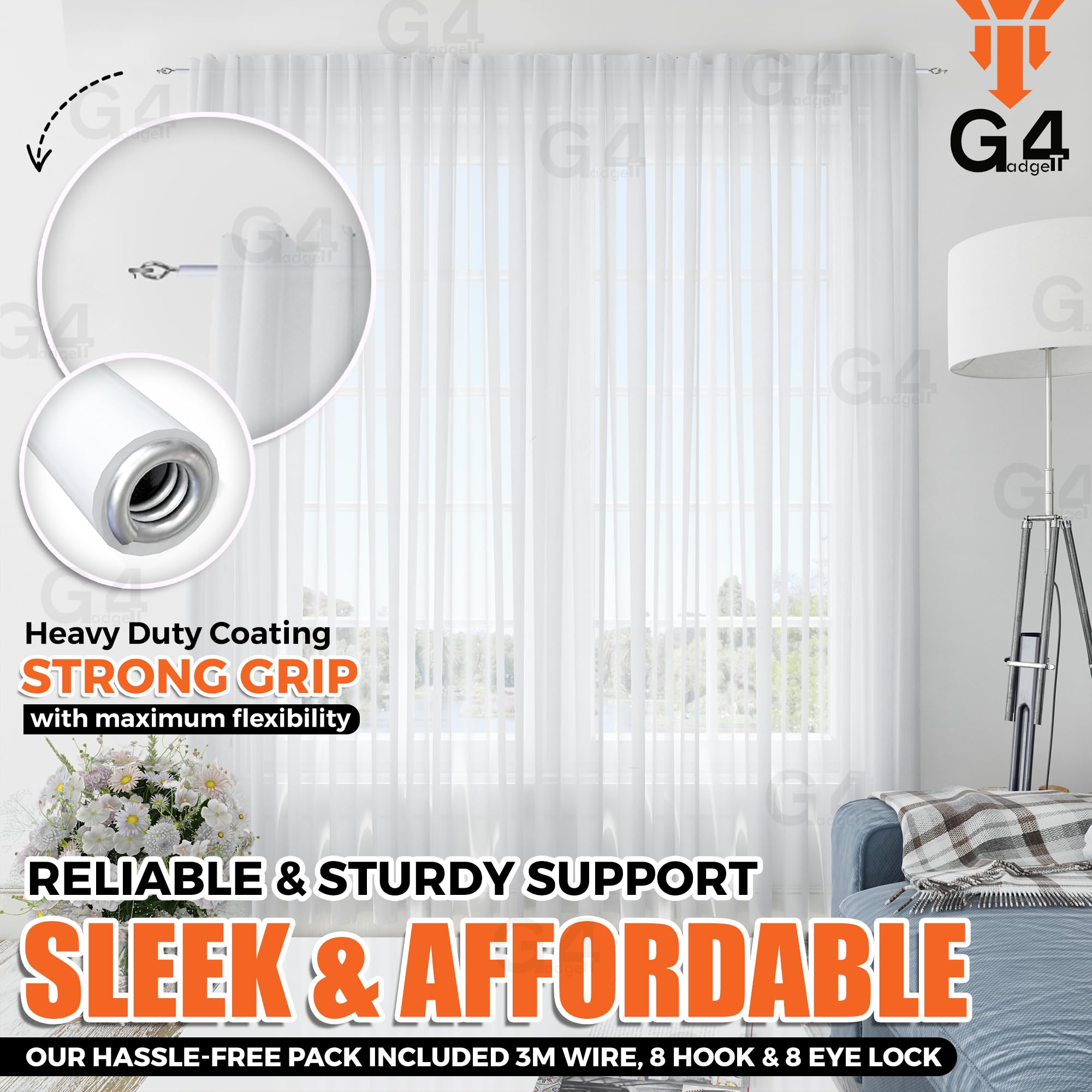 G4GADGET 3M Net Curtain Wire with 8 Hooks & 8 Eyes | Alloy Steel | White 9