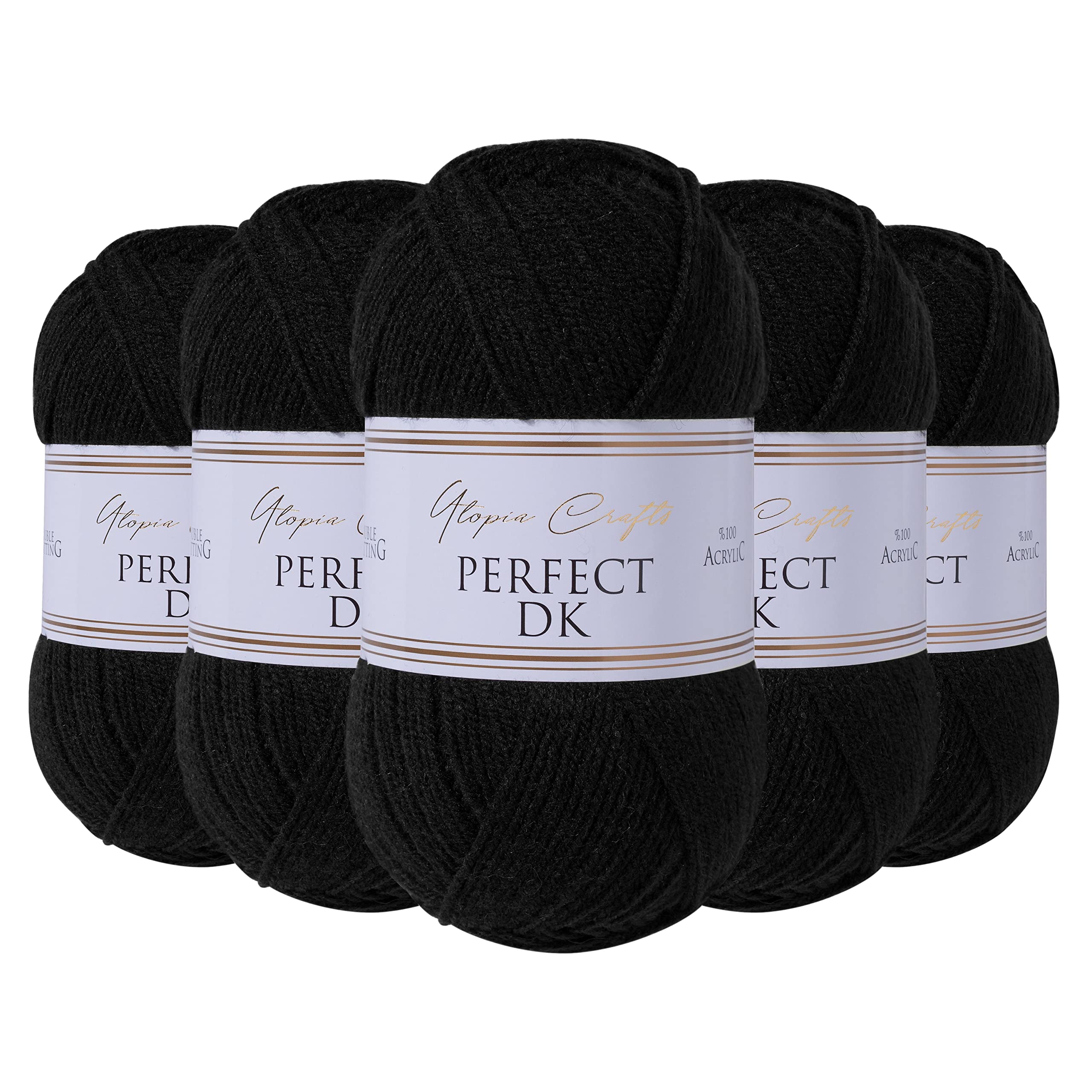 Utopia Crafts DK Double Knitting Yarn - 100% Acrylic, Black | 5 x 100g Balls (1500m Total) 1