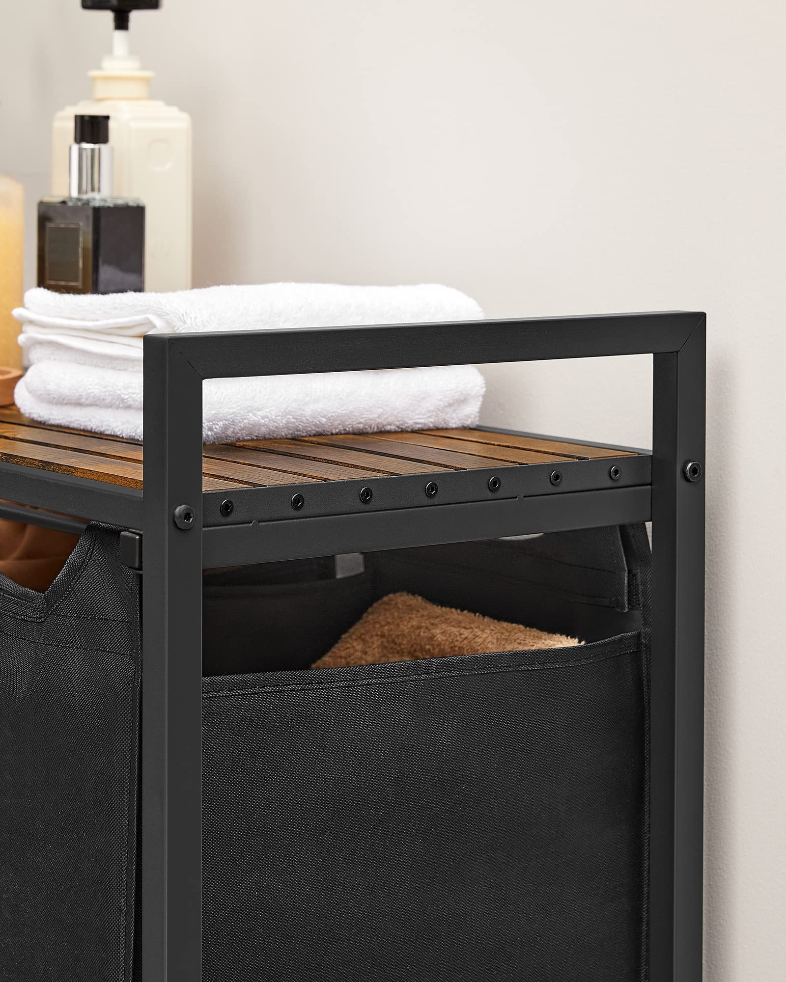 VASAGLE 3-Compartment Laundry Hamper with Pull-Out Liners | 120 L Capacity | Rustic Brown + Black 6