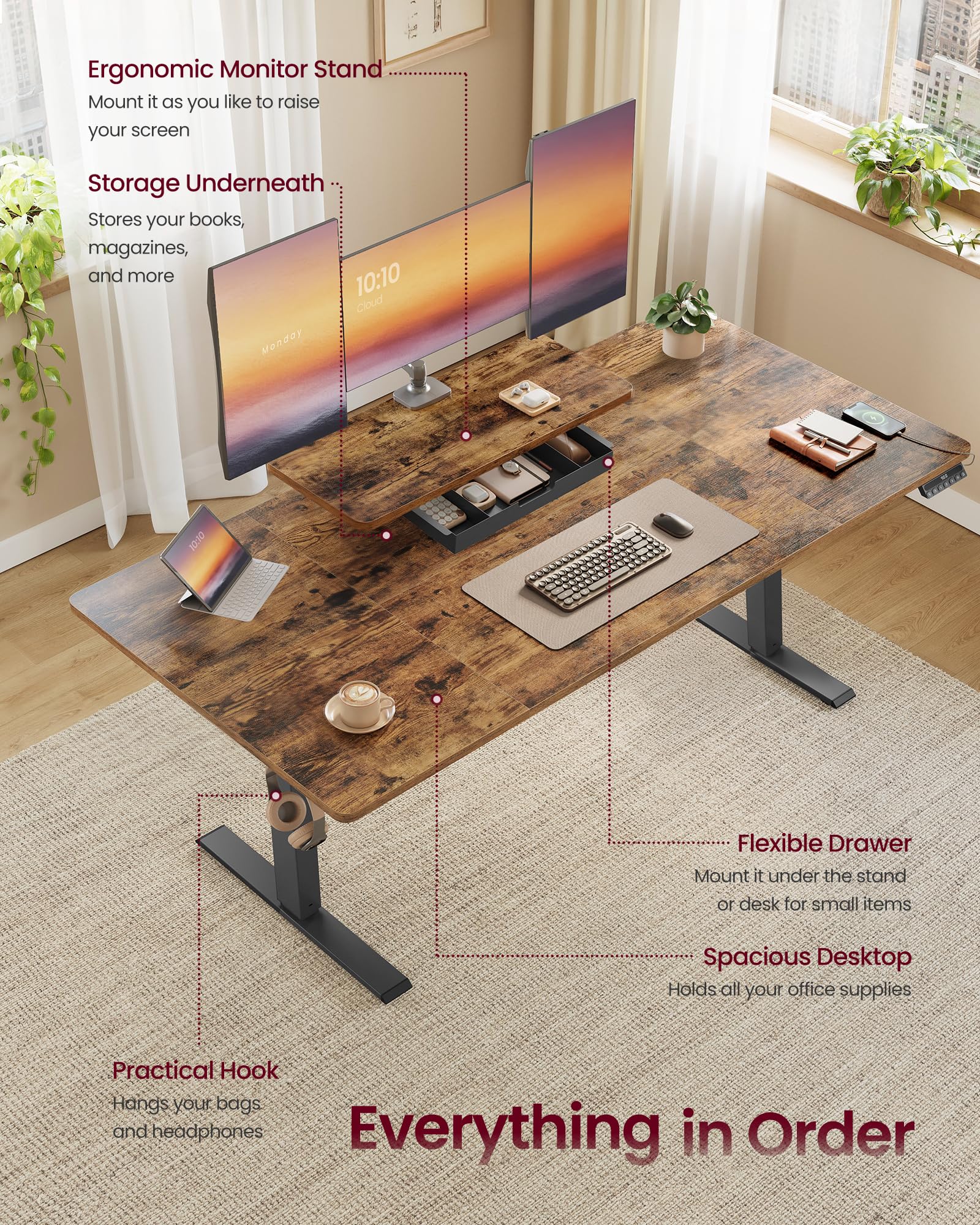 VASAGLE Electric Standing Desk - Height Adjustable 140 x 70 cm | 3 Memory Presets | Rustic Brown 5