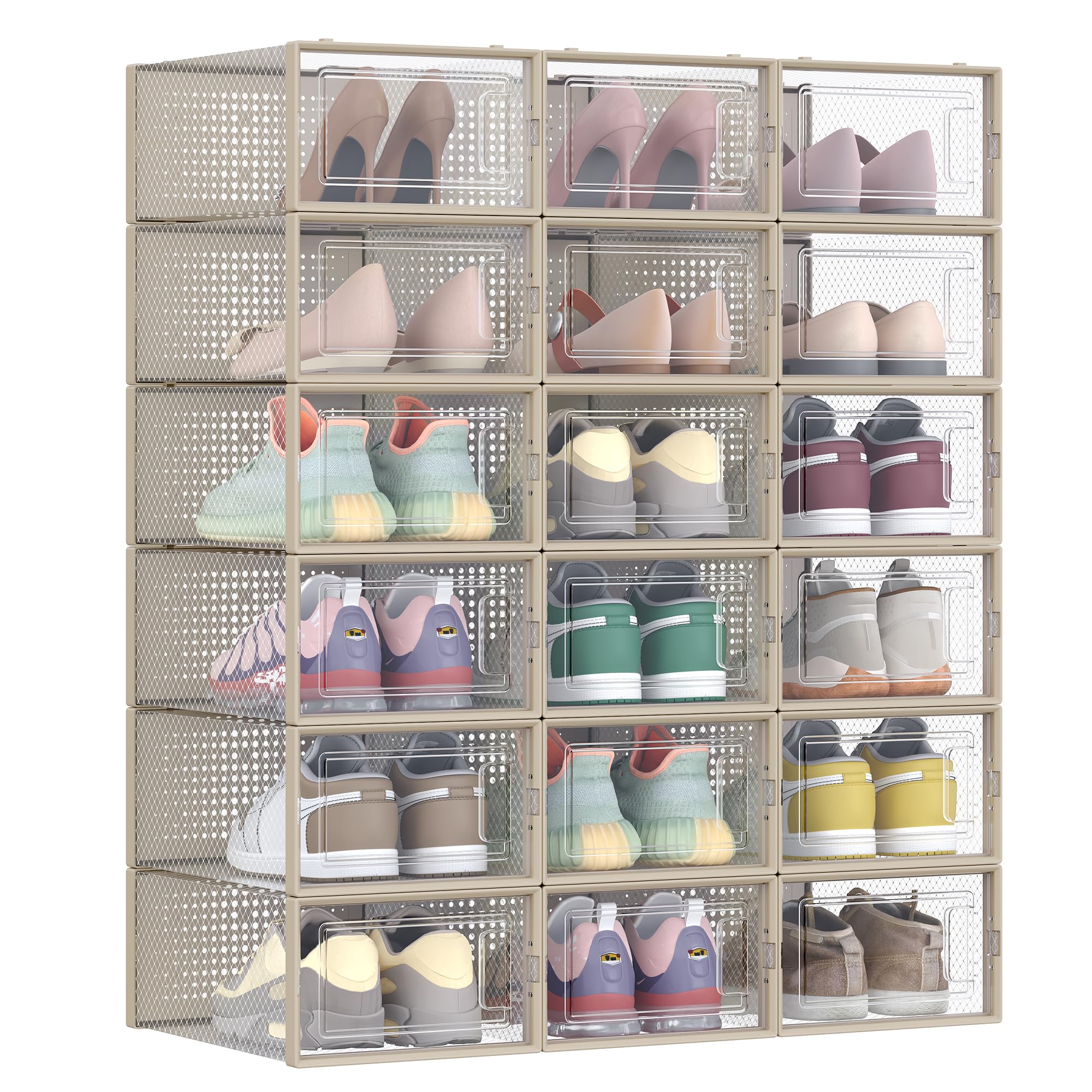 SONGMICS Shoe Boxes - Pack of 18 Stackable Organisers, Foldable, Transparent Body | Fits UK Size 9.5 1