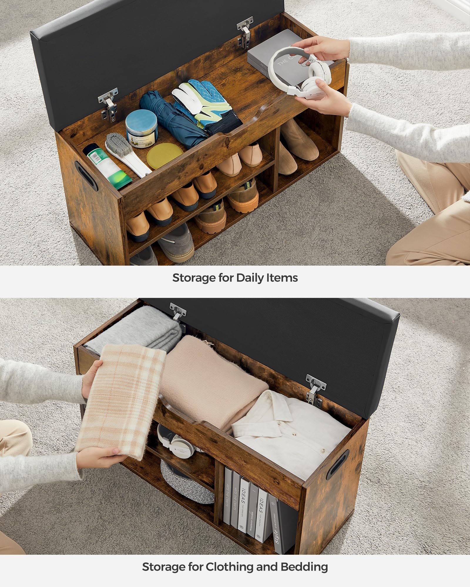 VASAGLE Shoe Storage Bench with Padded Seat | 3 Compartments | 150 kg Load Capacity | Rustic Brown 9