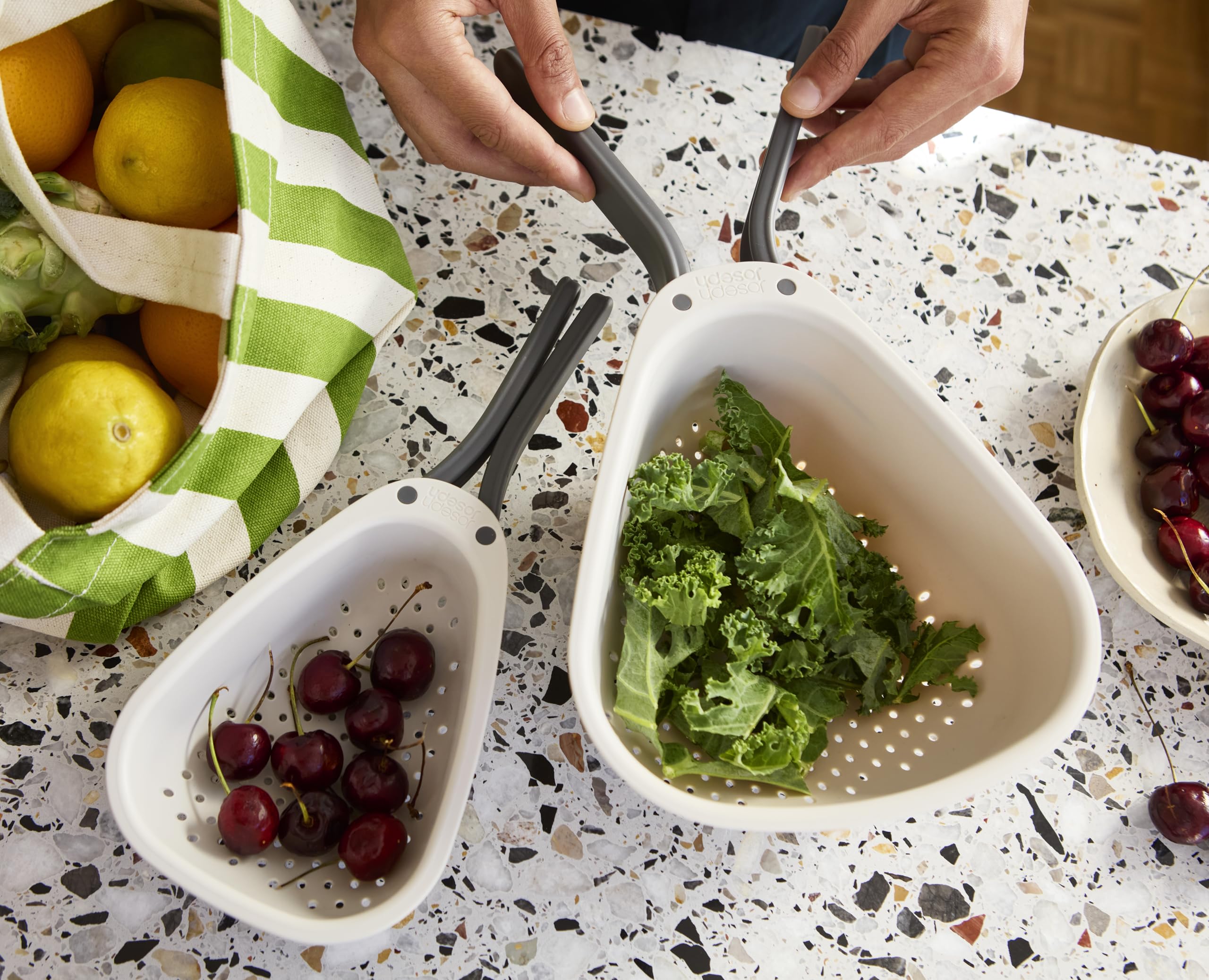 Joseph Joseph Droplet Mini Colander with Folding Handles | Stone Color | Polypropylene Strainer 6