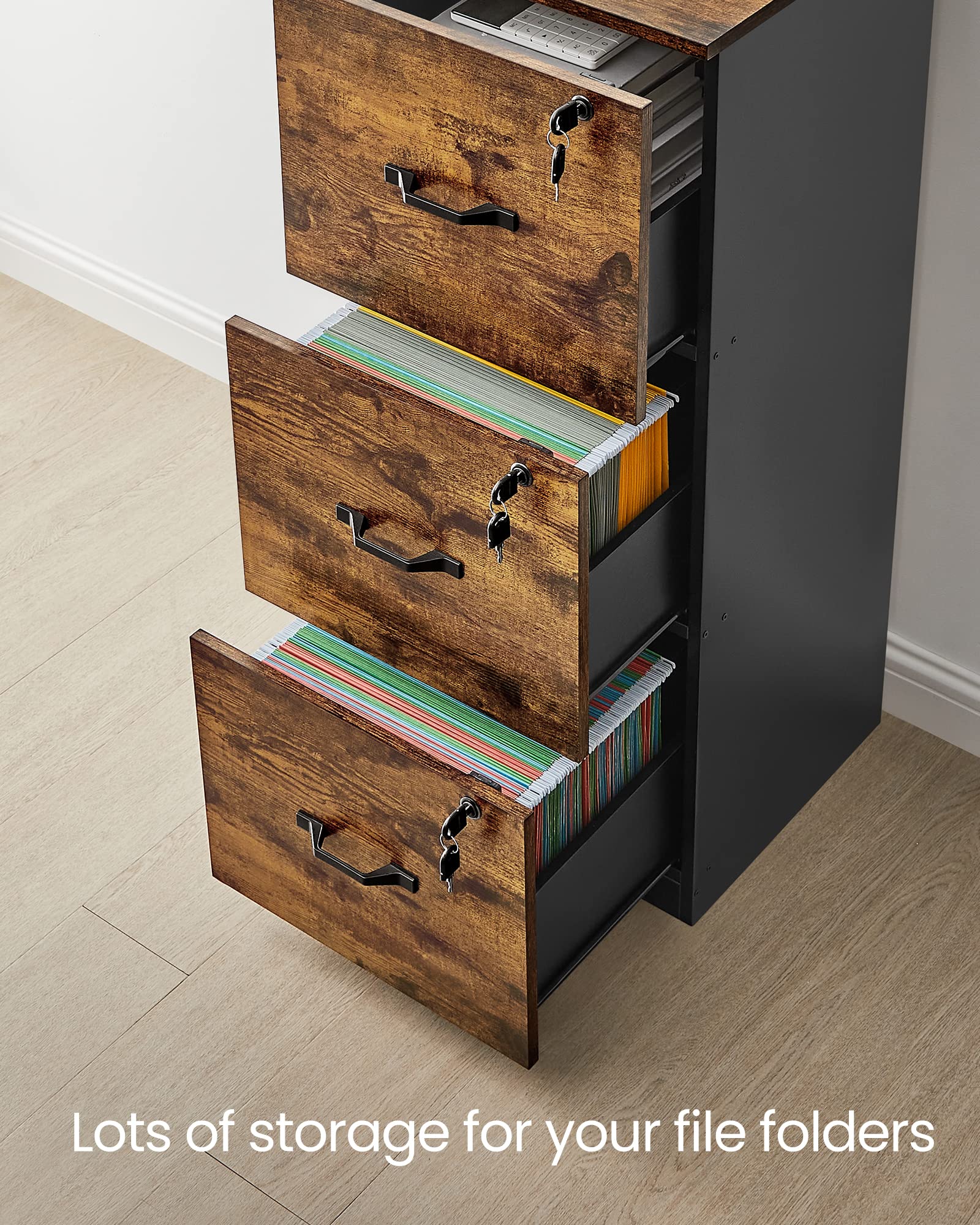 VASAGLE File Cabinet for Home Office - 3 Lockable Drawers | A4 & Letter Size | Rustic Brown/Ink Black | OFC055B01 4