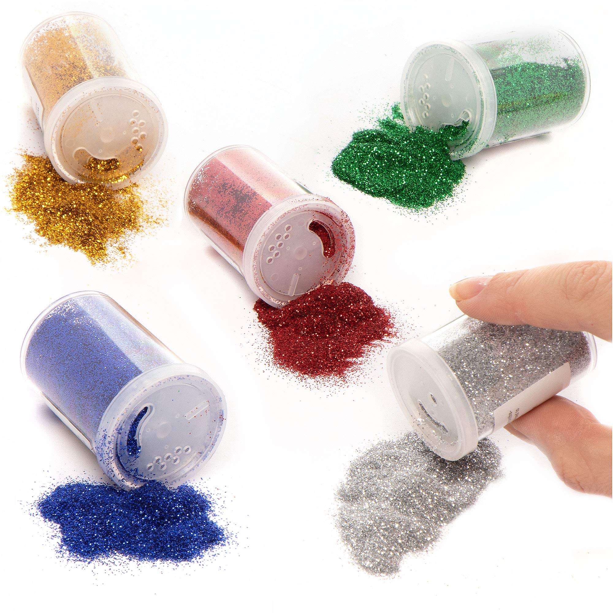 Baker Ross Glitter Shakers - Pack of 5 Assorted Colors (Green, Red, Blue, Gold, Silver) | 15g Each