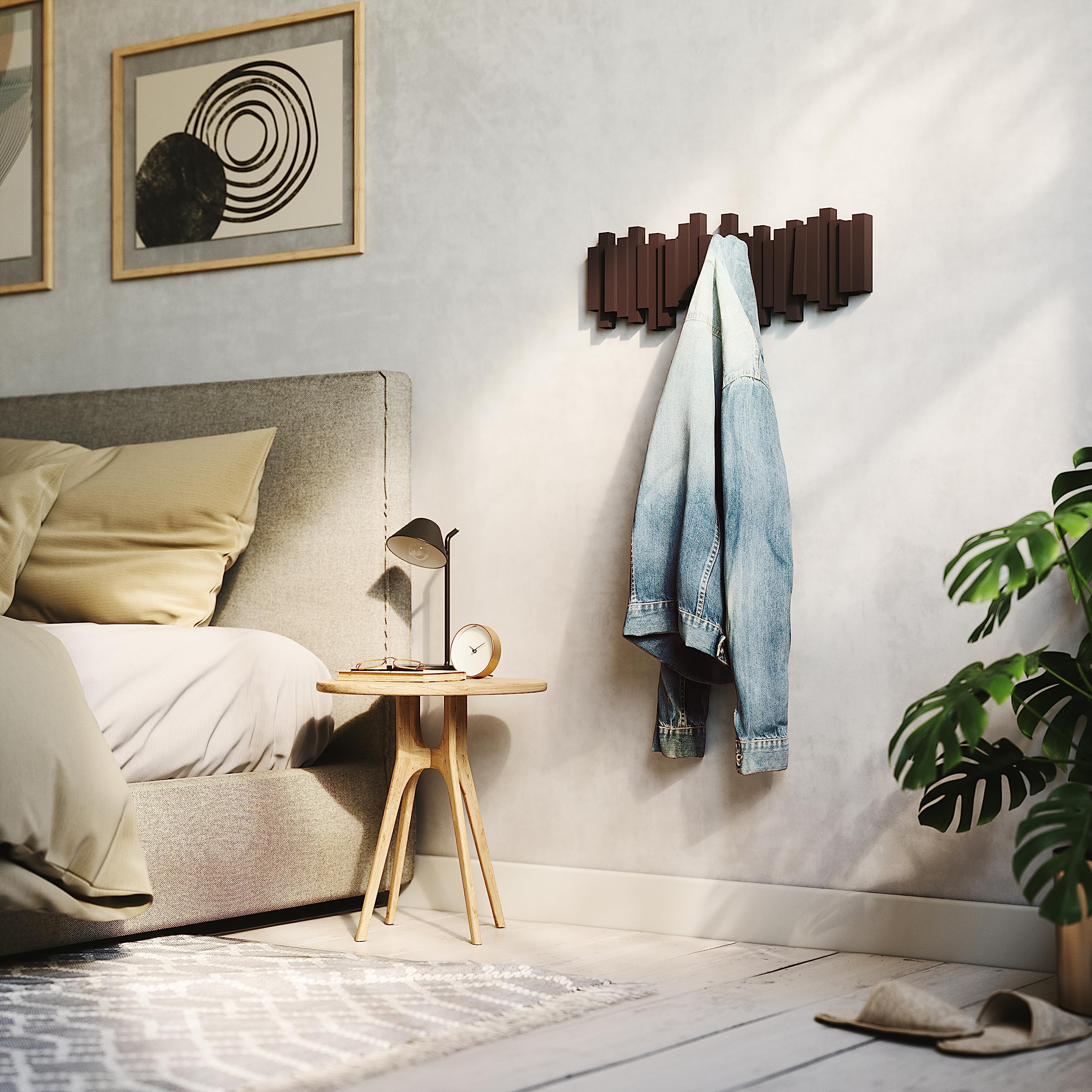Umbra Sticks Wall-Mounted Coat Rack Rail Hook - 5 Retractable Pegs | Espresso Plastic | Modern Design 9