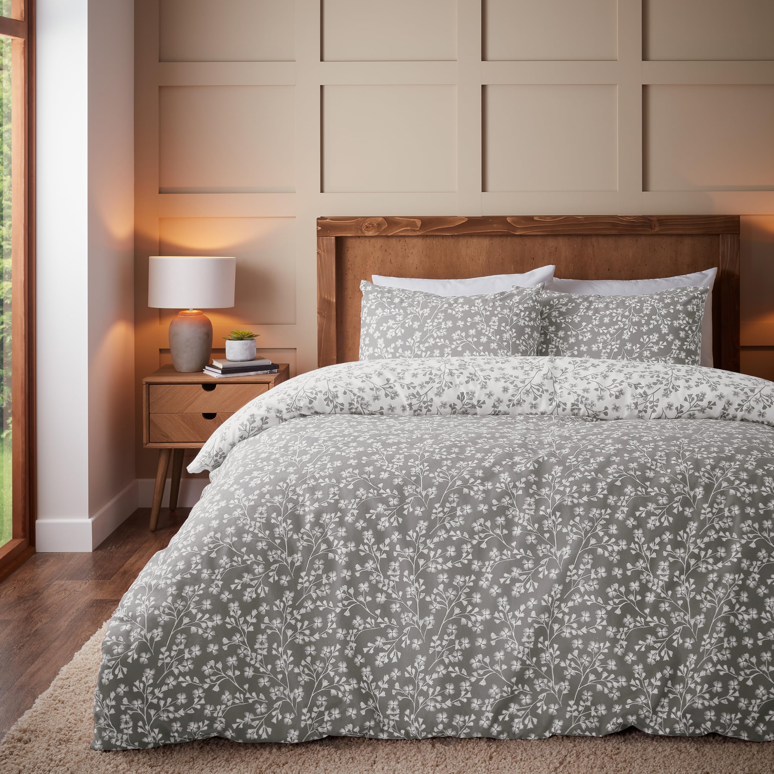 Catherine Lansfield Brushed Grace Floral Leaf Cotton Reversible Double Duvet Cover Set | 100% Cotton 1