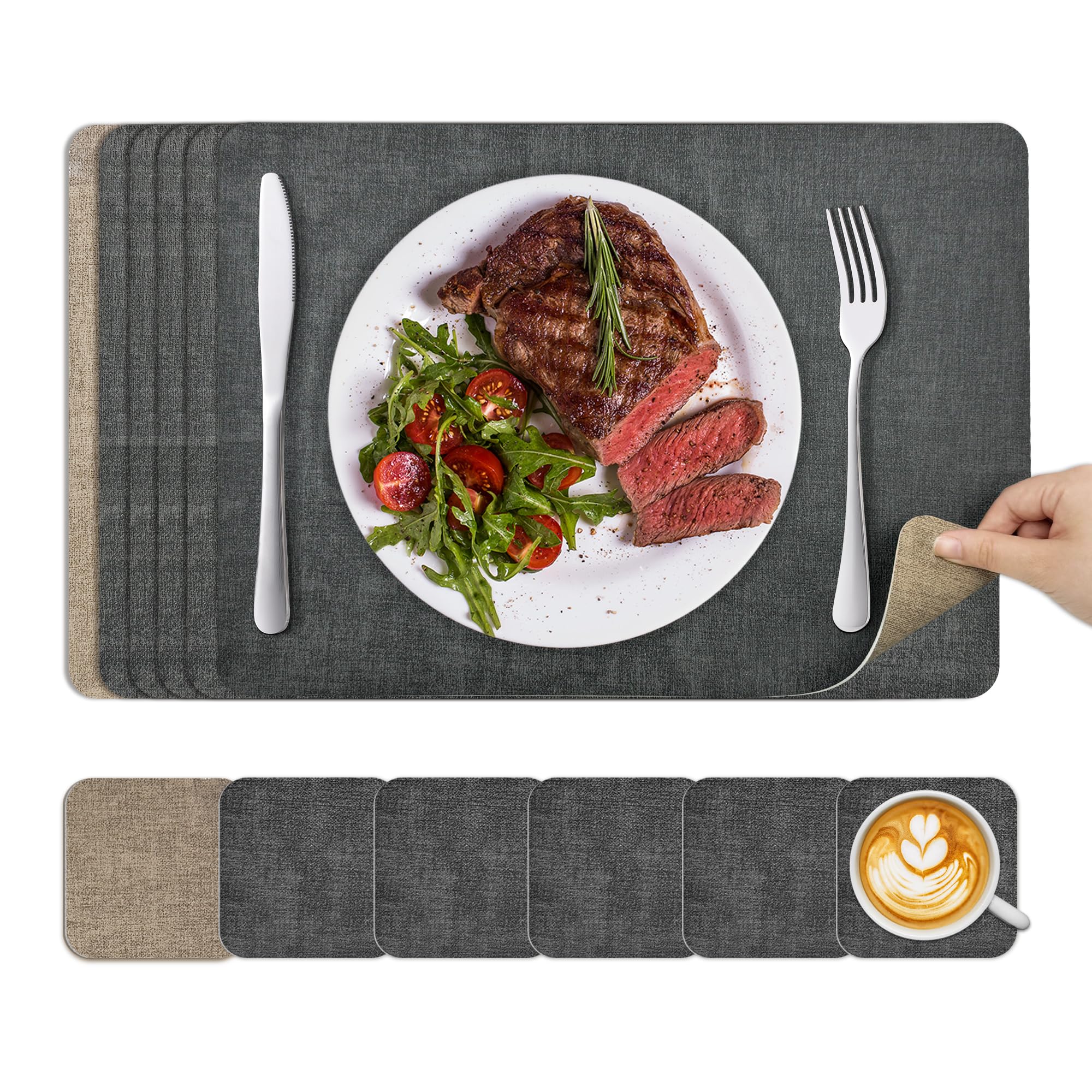 KitchenBoss Dual Sided Placemats Set of 6 with 6 Coasters | Grey + Beige PVC 1