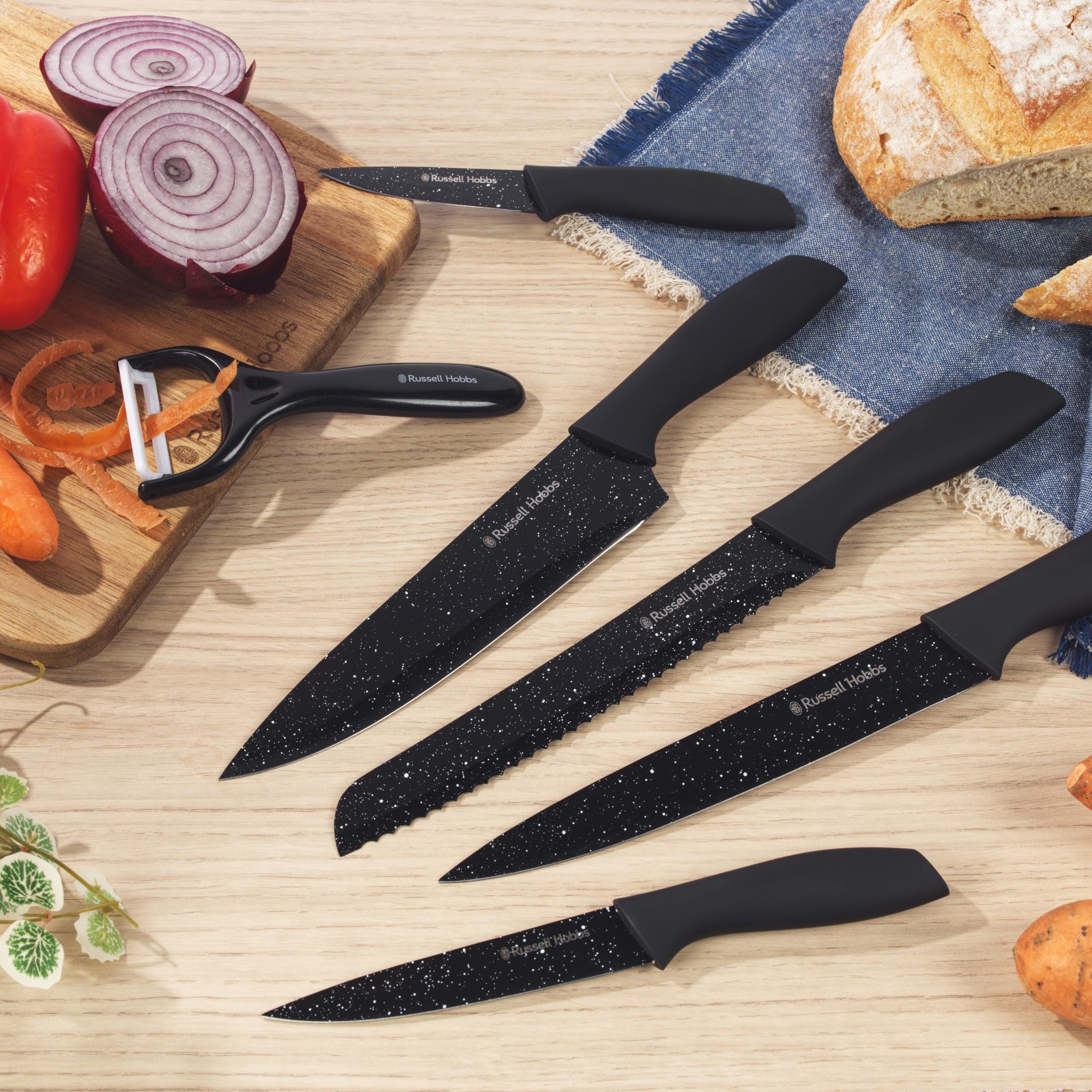 Russell Hobbs 6-Piece Knife & Peeler Set - Marble-Effect Non-Stick Blades | Soft-Touch Handles 6