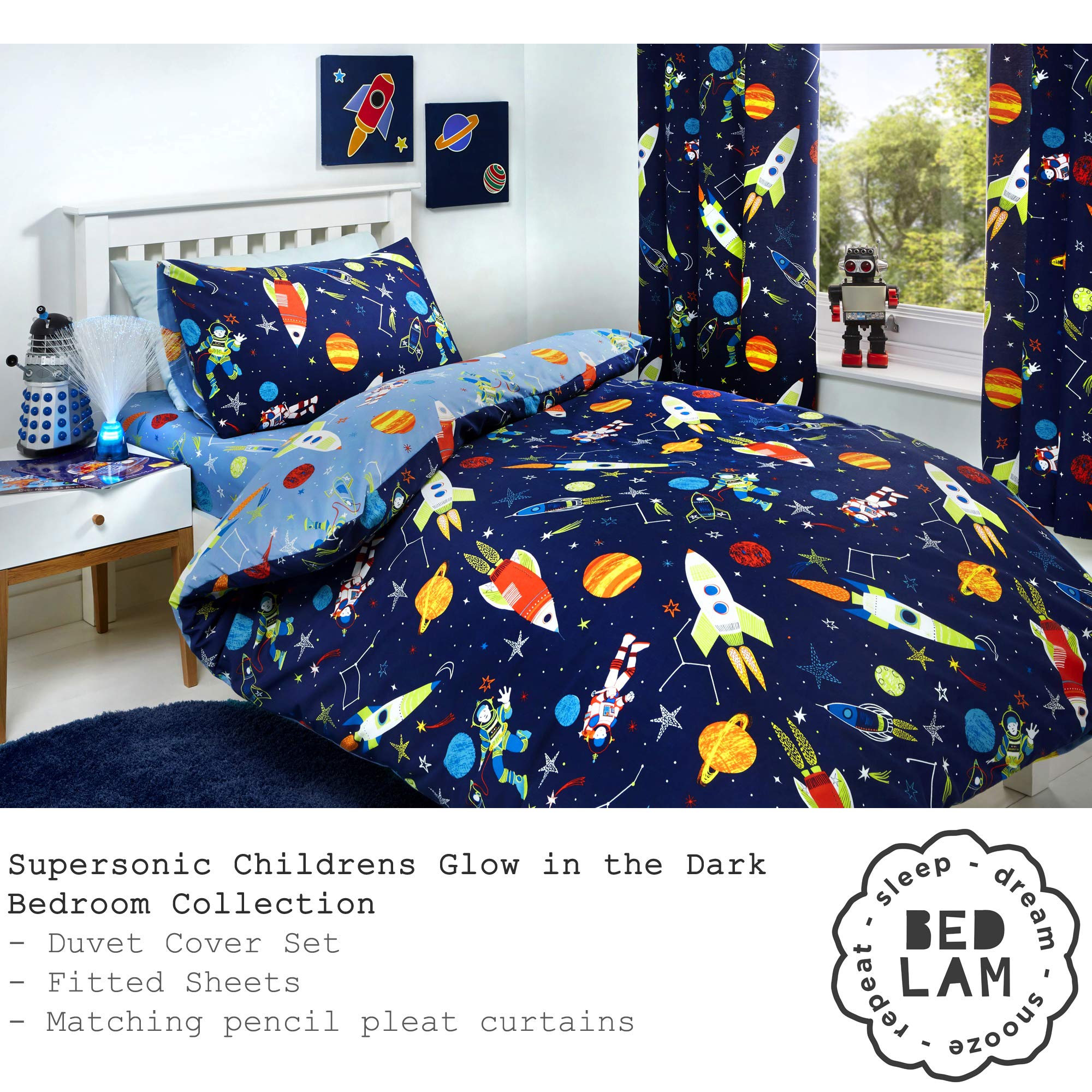 Bedlam Supersonic Glow In The Dark Duvet Cover Set | Double Bed Size | Blue Polyester 4