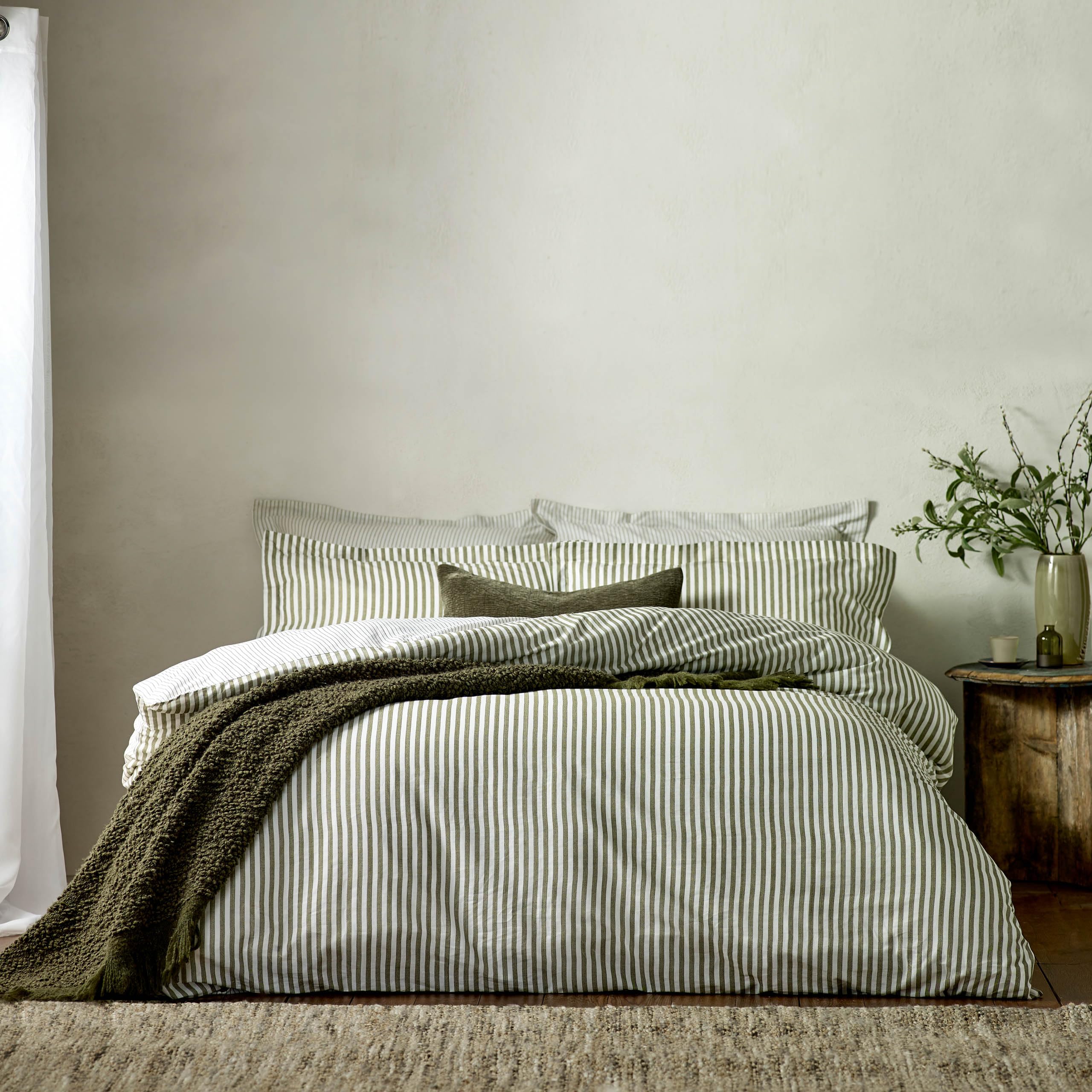 furn. Yard Hebden Mélange Stripe Cotton Duvet Set | Olive | King | 100% Washed Cotton 1