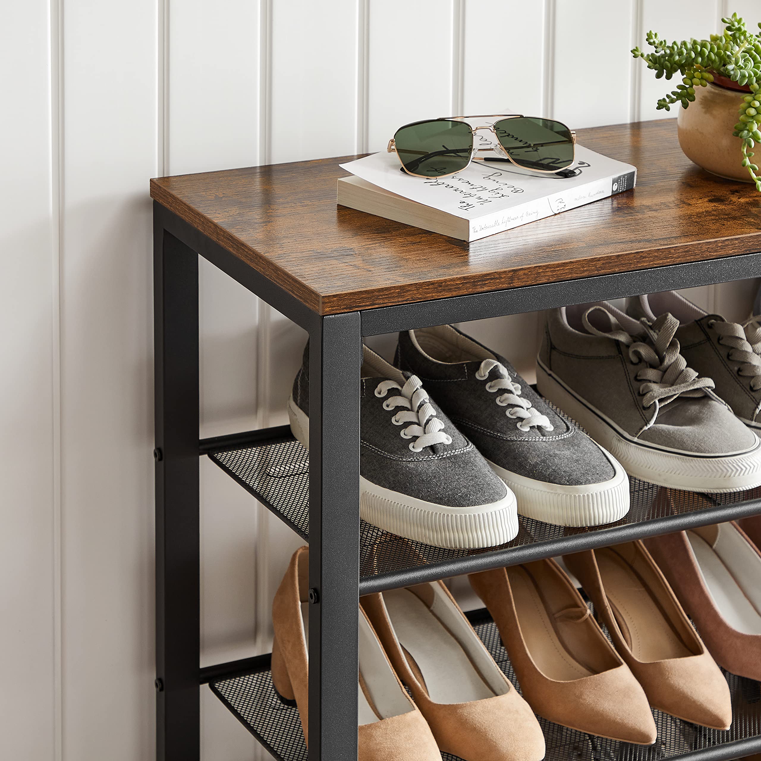 VASAGLE Shoe Rack - 4 Tier Metal Organizer | 100 x 30 x 72 cm | Rustic Brown + Black 7