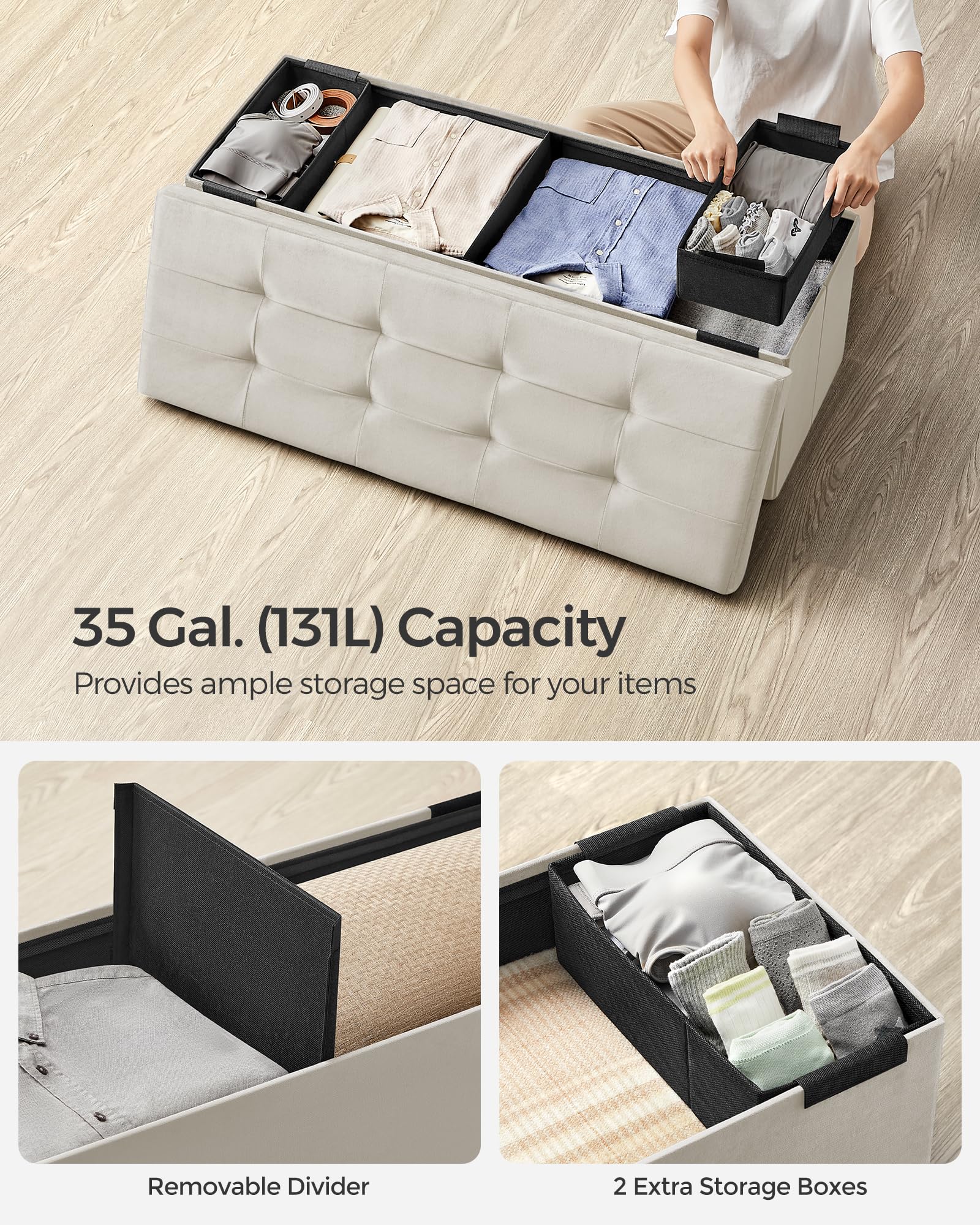 SONGMICS Storage Ottoman - Foldable Bench with 131L Capacity | Cream White | 38D x 110W x 38H cm 6