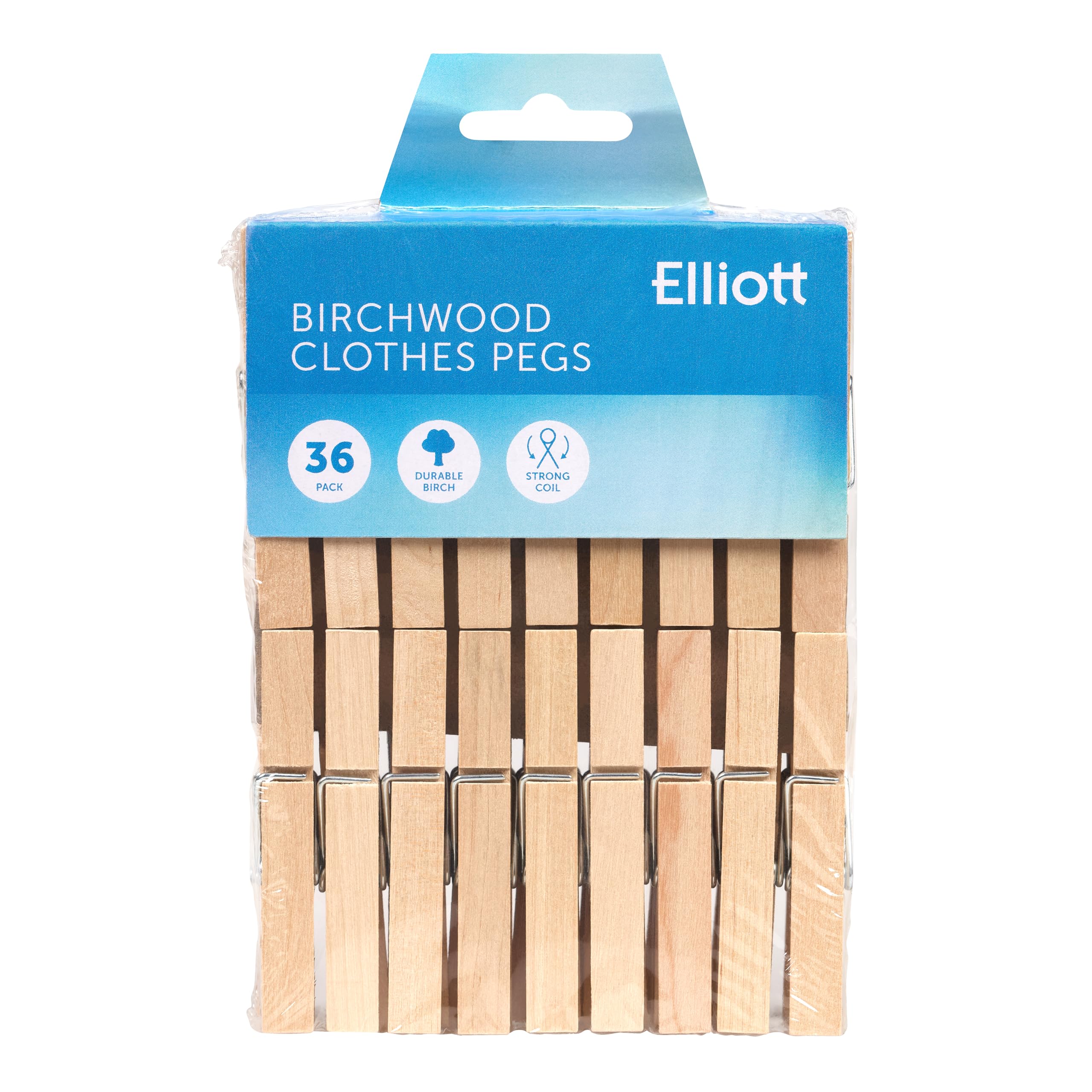 Elliott Hardwood Clothes Pegs with Metal Coil Spring | Pack of 36 | Plastic-Free & Recyclable