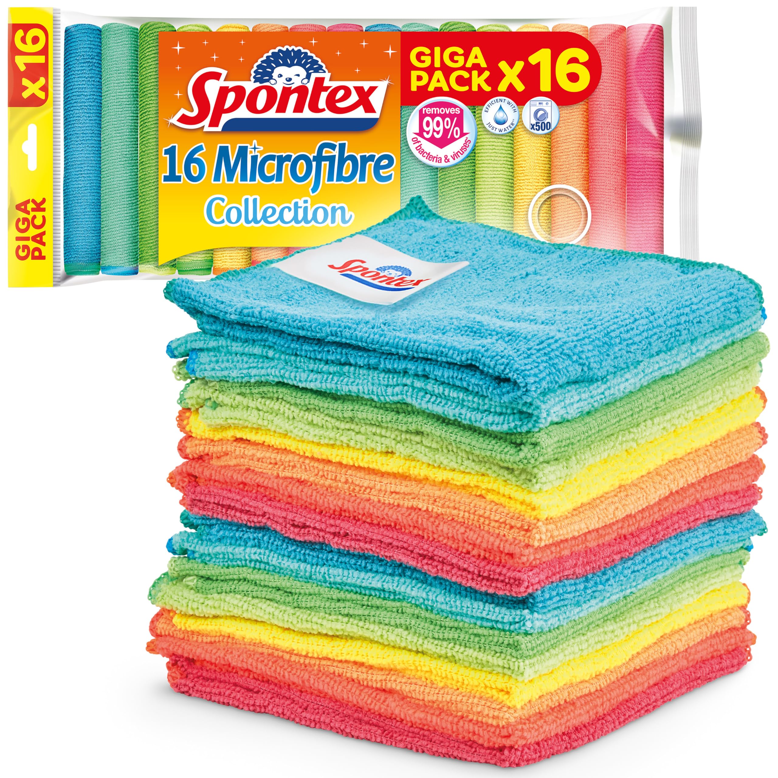 Spontex Microfibre Cleaning Cloths - 16 Pack | Removes 99% Bacteria | Washable up to 500 Times 1