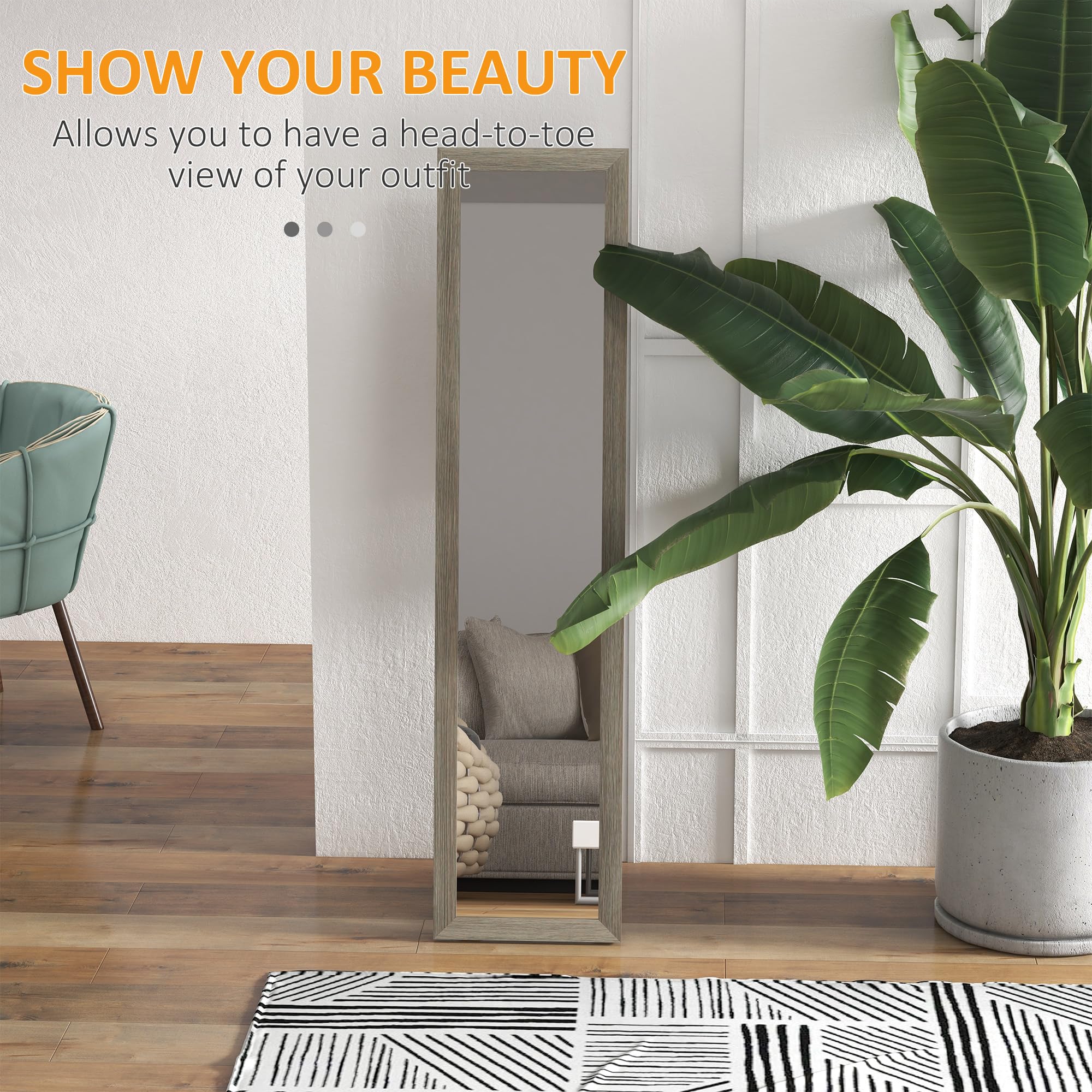 HOMCOM Full Length Floor Mirror - Grey Wood-Effect Frame | 157H x 37W cm | Wall Mount or Stand 3
