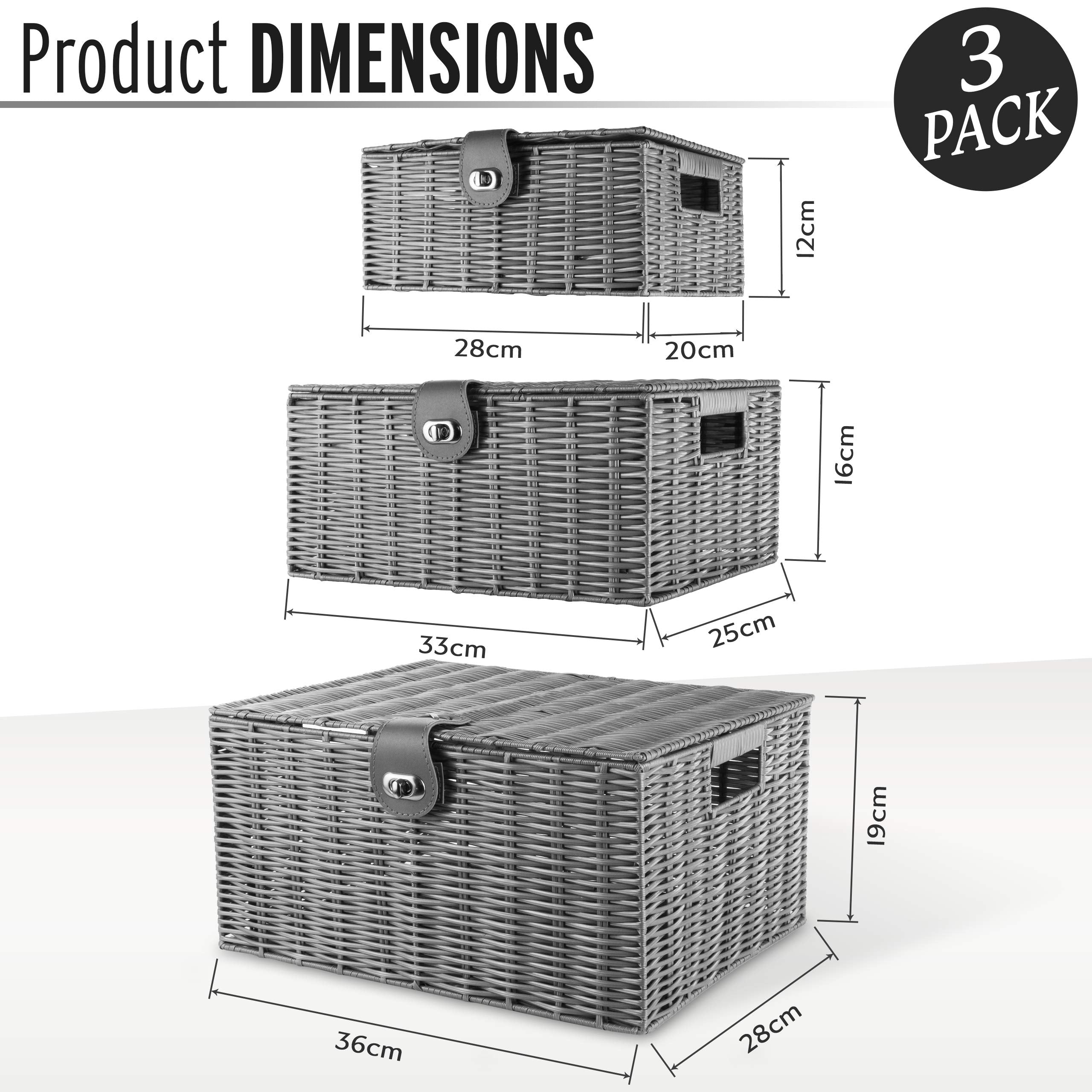 ARPAN Set of 3 Resin Woven Storage Boxes with Lid & Lock | Grey | L, M, S