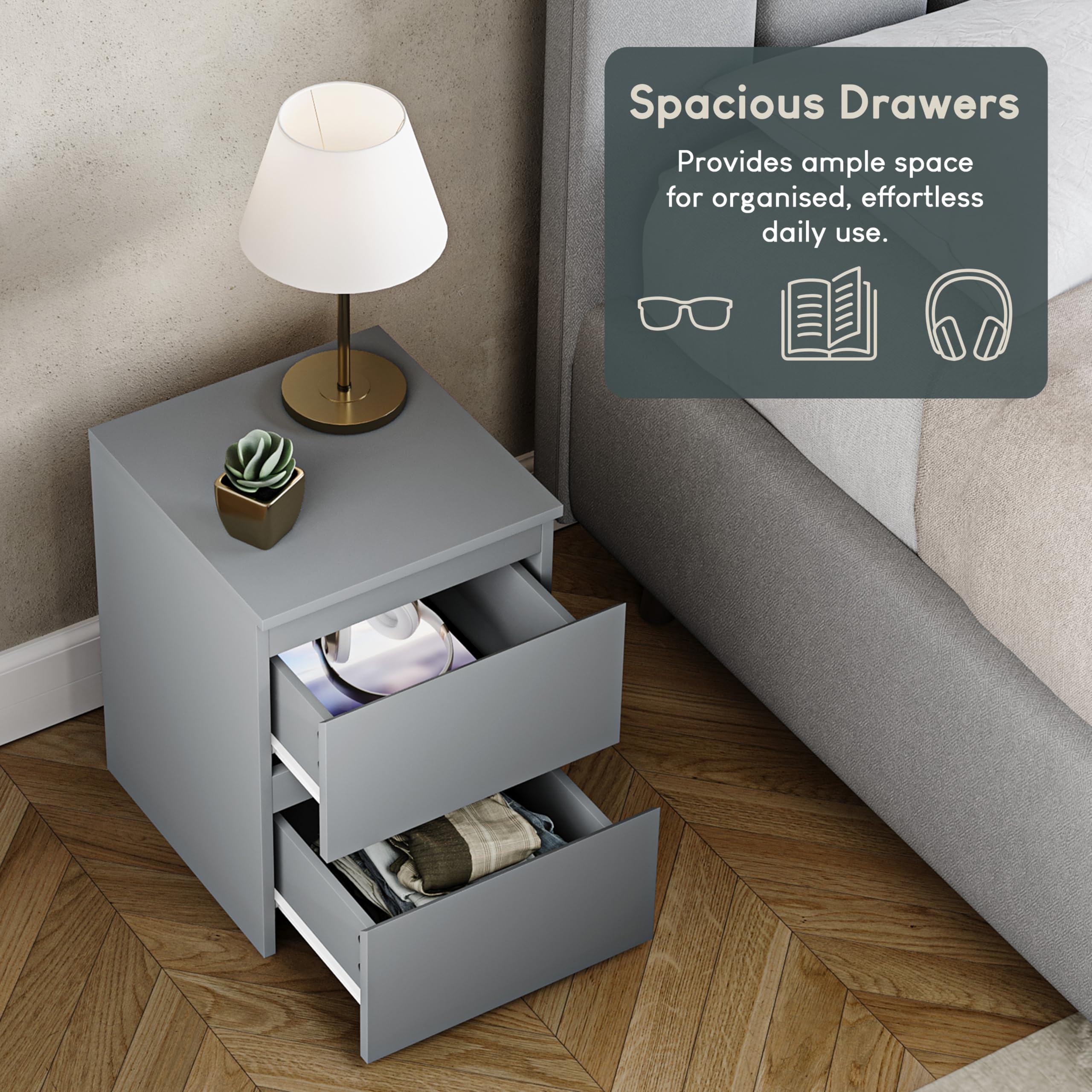 Vida Designs Denver 2 Drawer Bedside Chest - Modern Style | H: 40cm | Grey 6
