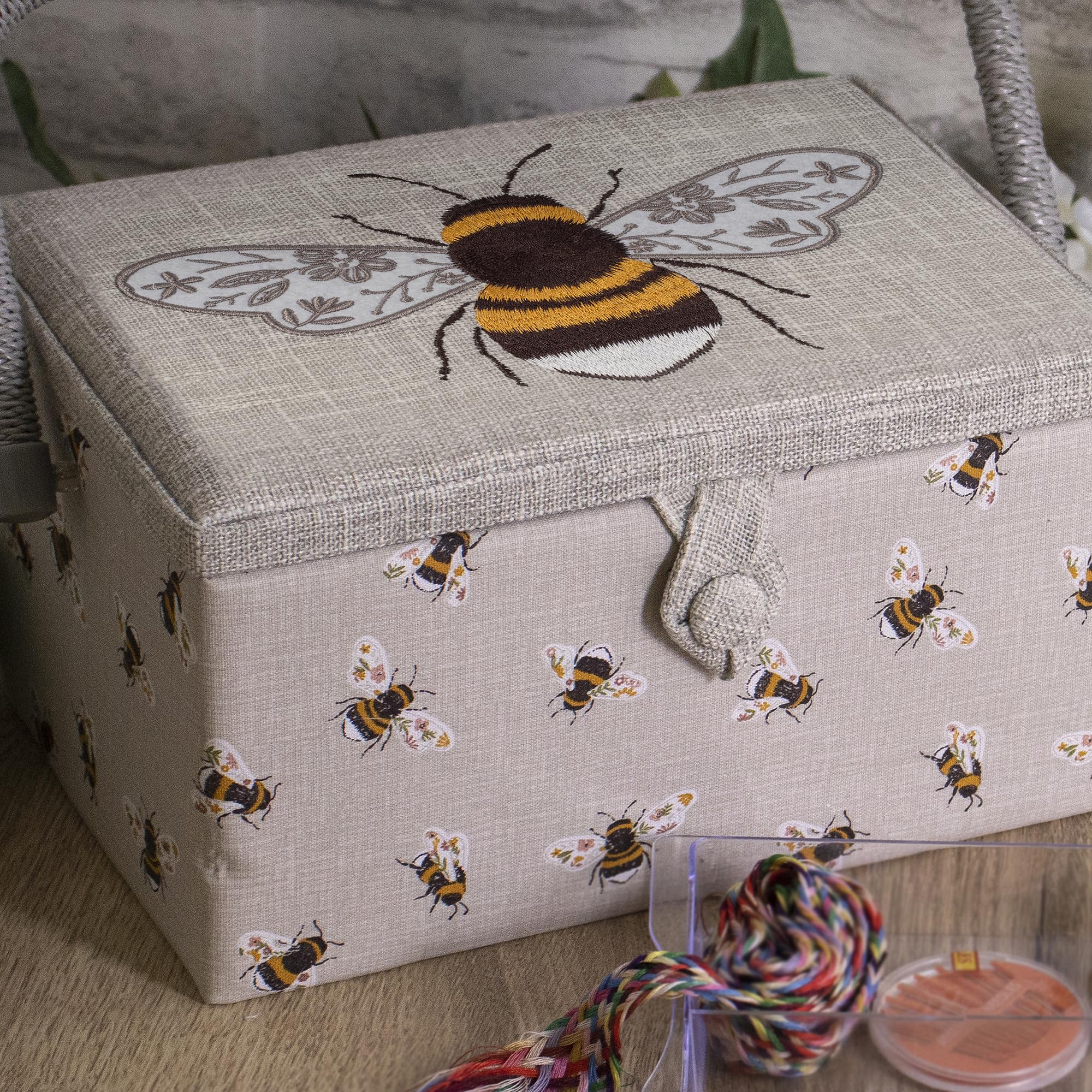 Hobby Gift Medium Sewing Basket - Embroidered Bee | Wood/Fabric | Includes Tray & Pincushion 6