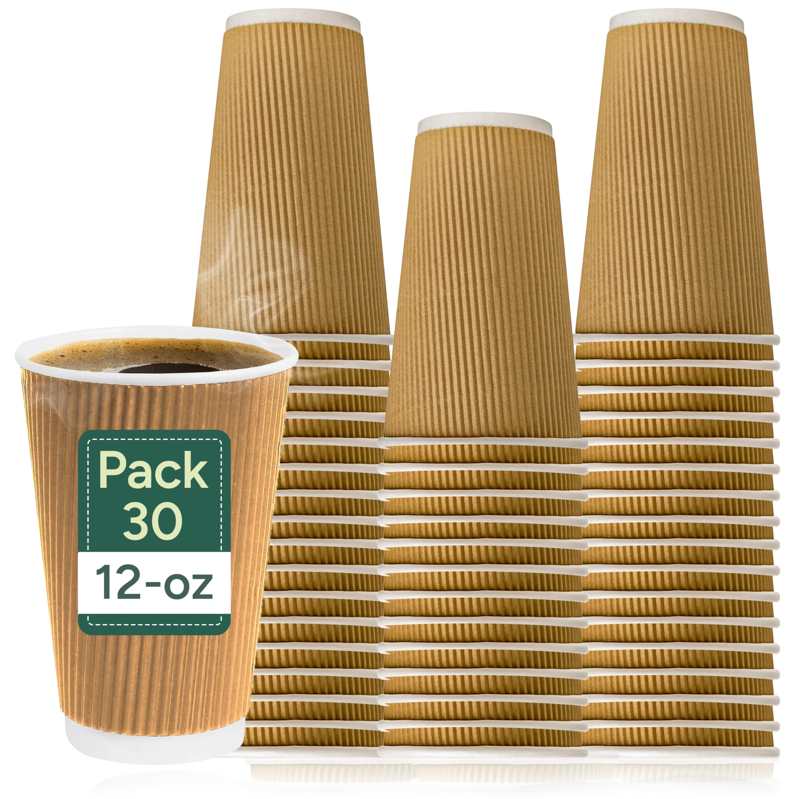 Zuvo Ripple Paper Coffee Cups - Heavy-Duty Double-Walled Disposable Tumblers | 12 OZ, 30 Pack