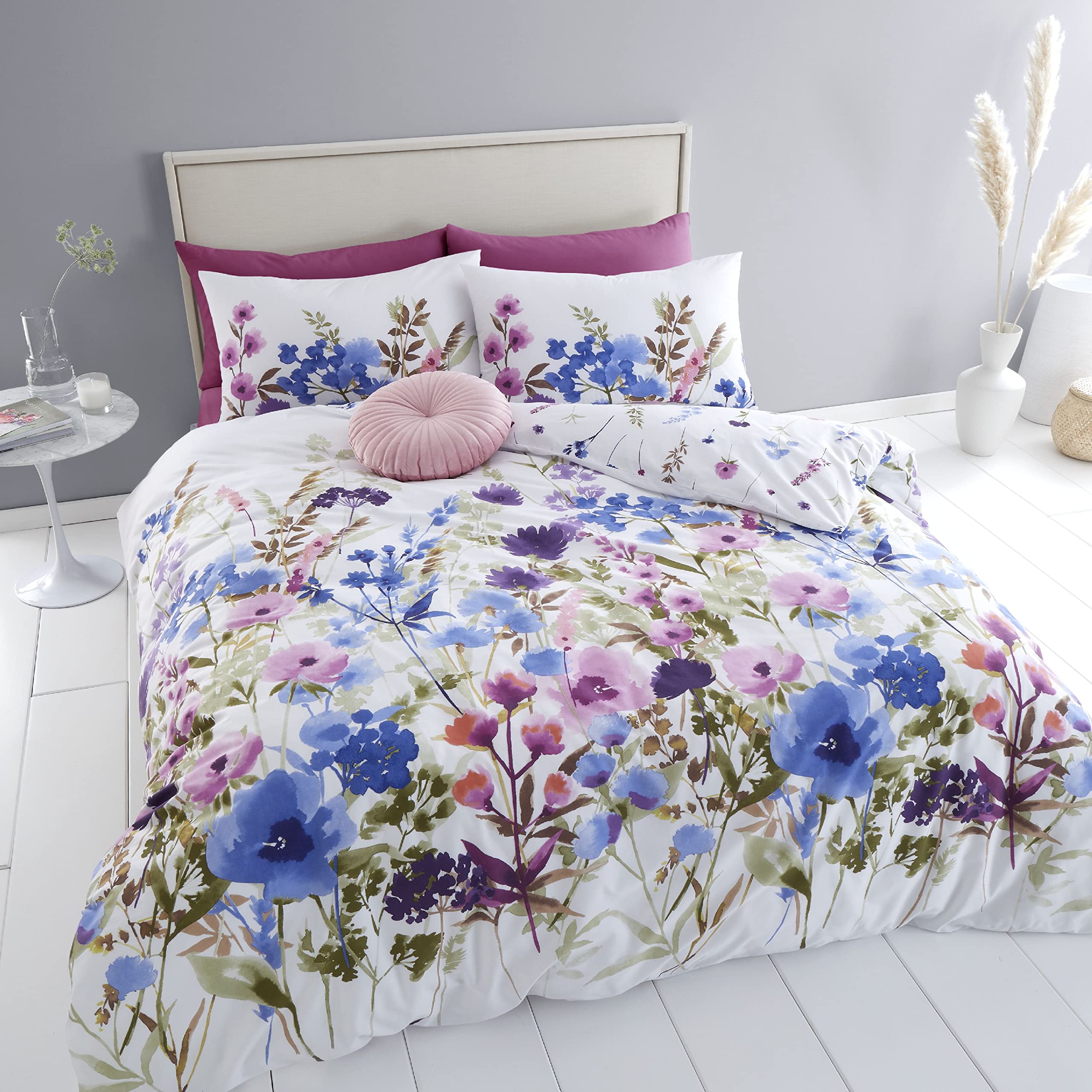 Catherine Lansfield Countryside Floral Single Duvet Cover Set | 52% Polyester 48% Cotton | Pink/Blue 1
