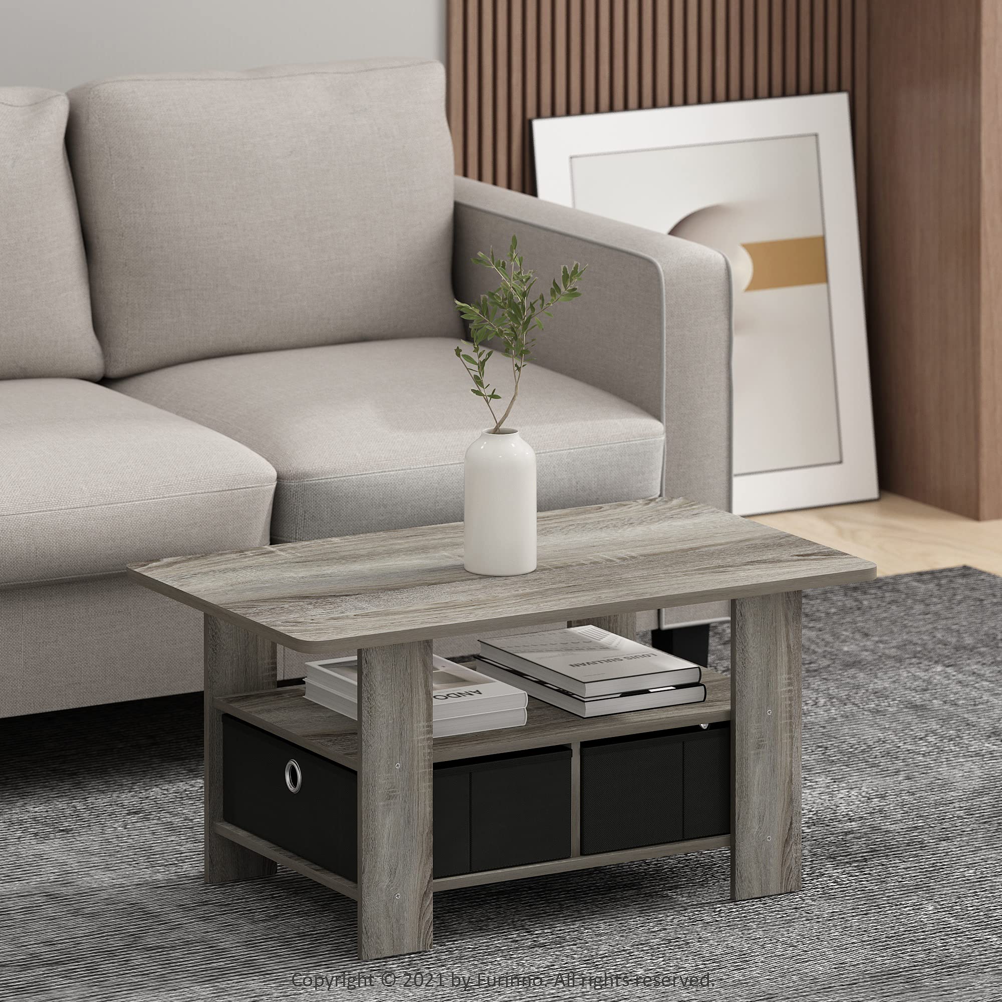 Furinno ANDREY Coffee Table - Compact Storage | French Oak/Black | Engineered Wood 2