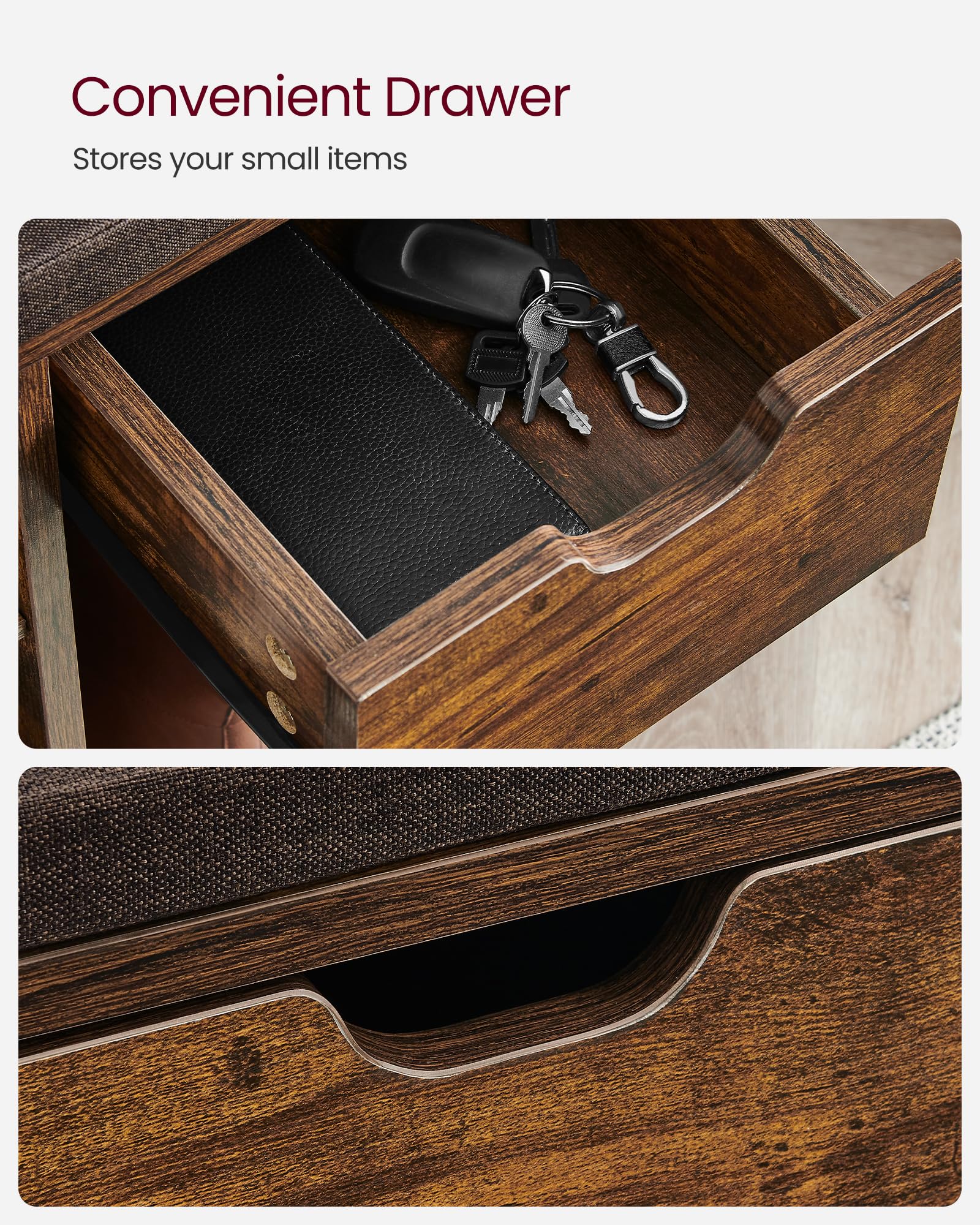 VASAGLE Shoe Storage Bench with Cushion, Drawer, and Open Compartments | 104 cm Width 5