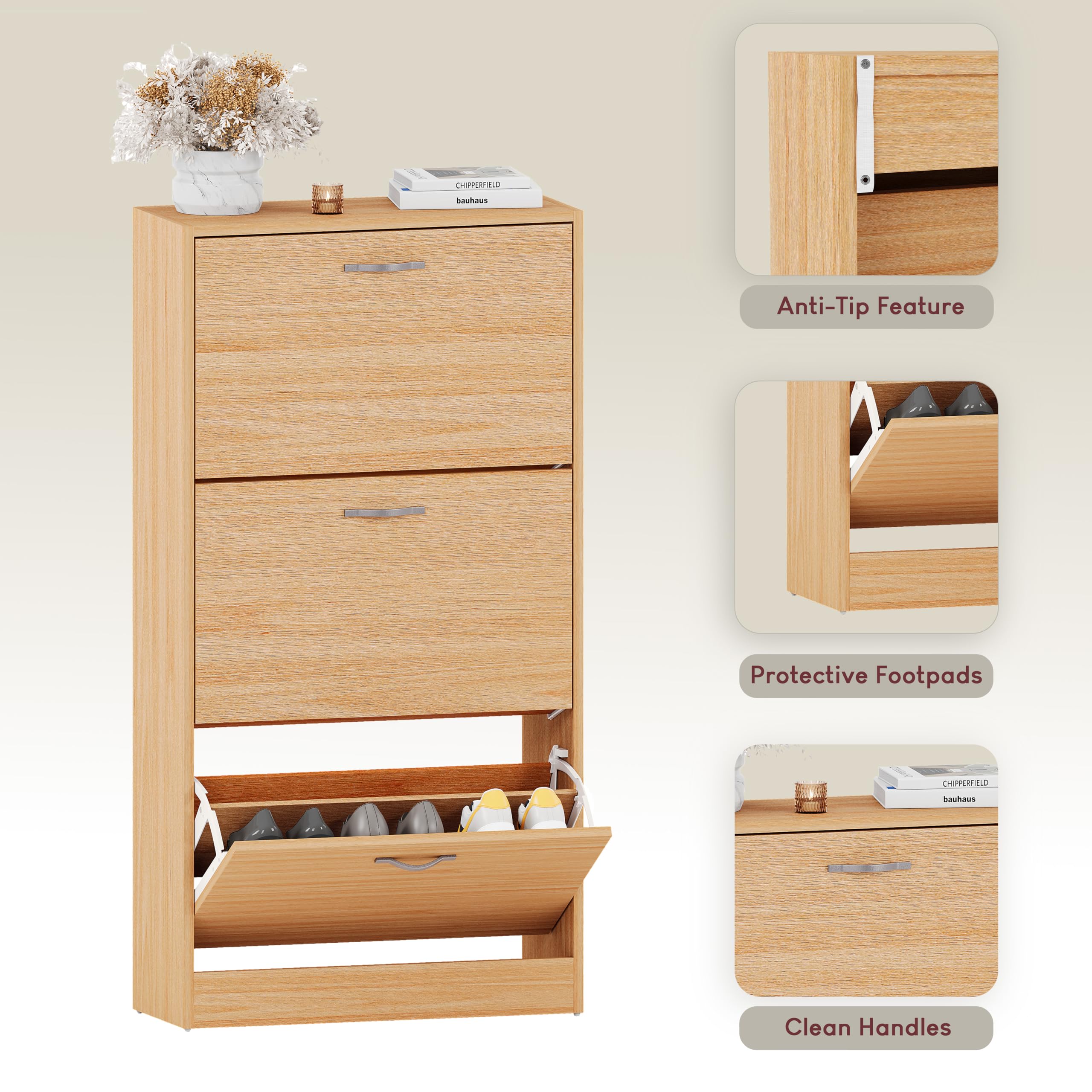 Vida Designs Wooden Shoe Cabinet - 3 Pull-Down Drawers | Slim Space-Saving Design | Pine 6