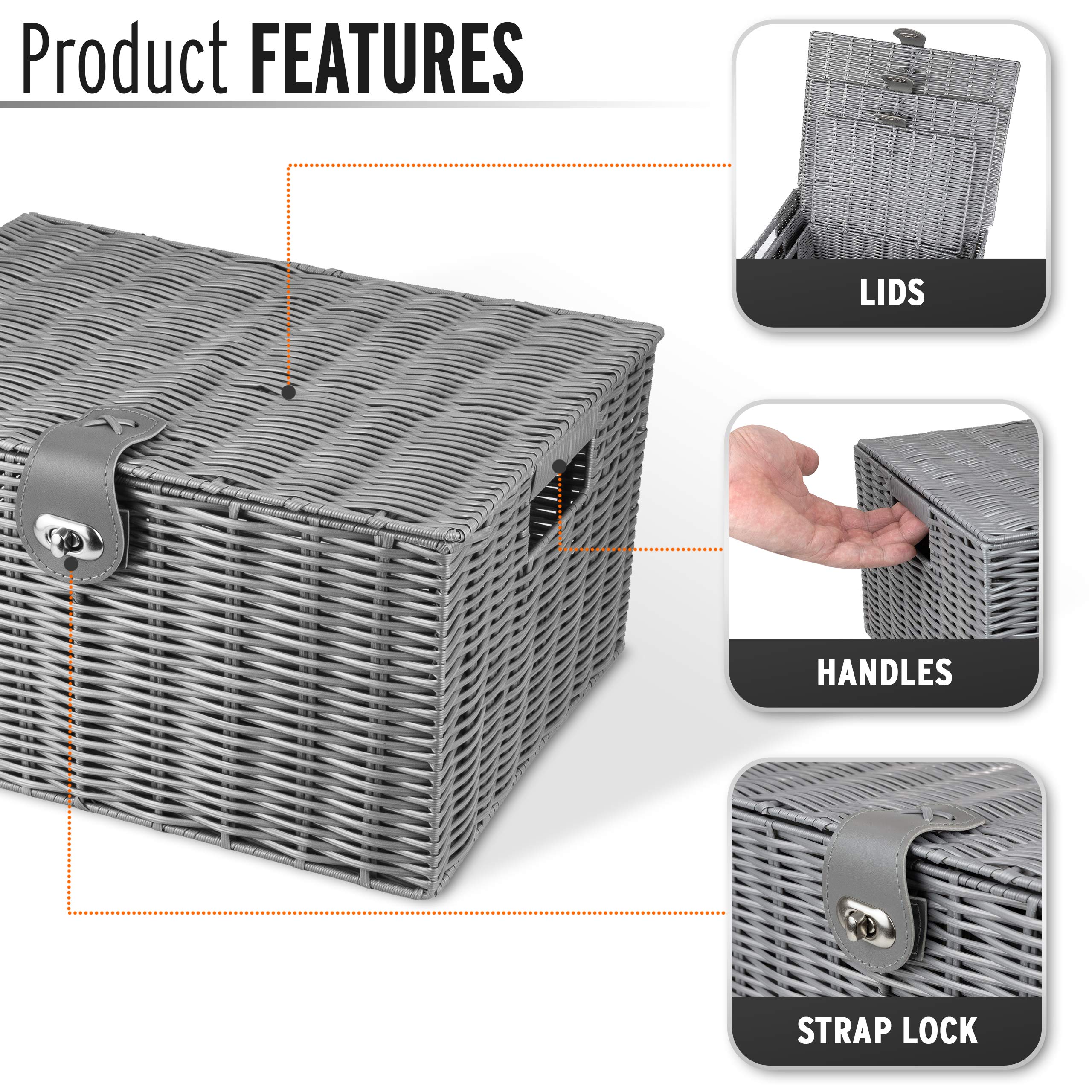 ARPAN Set of 3 Resin Woven Storage Boxes with Lid & Lock | Grey | L, M, S 3