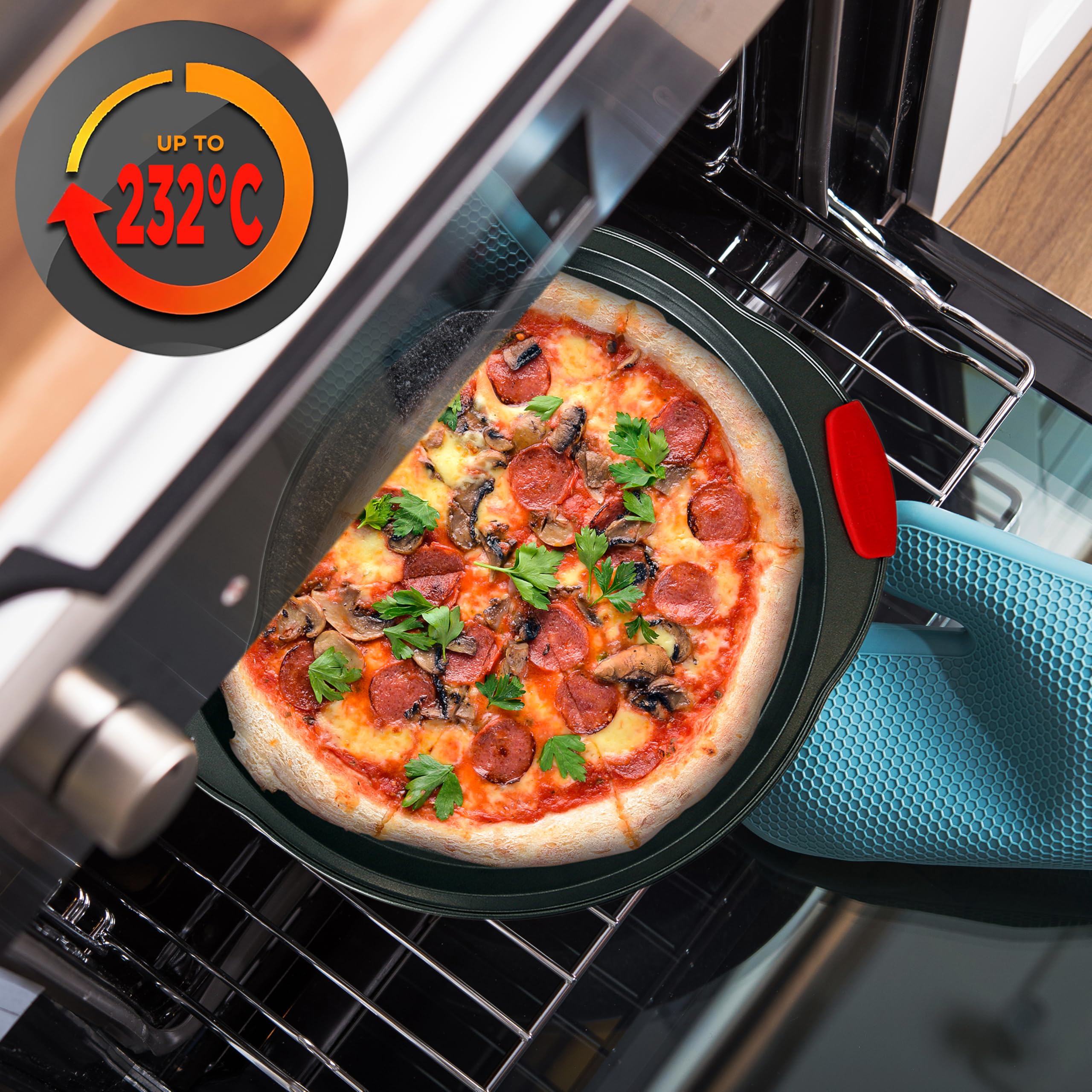 NutriChef 2-Pc. Non-Stick Pizza Tray - Round Steel with Perforated Holes | Dishwasher Safe 7