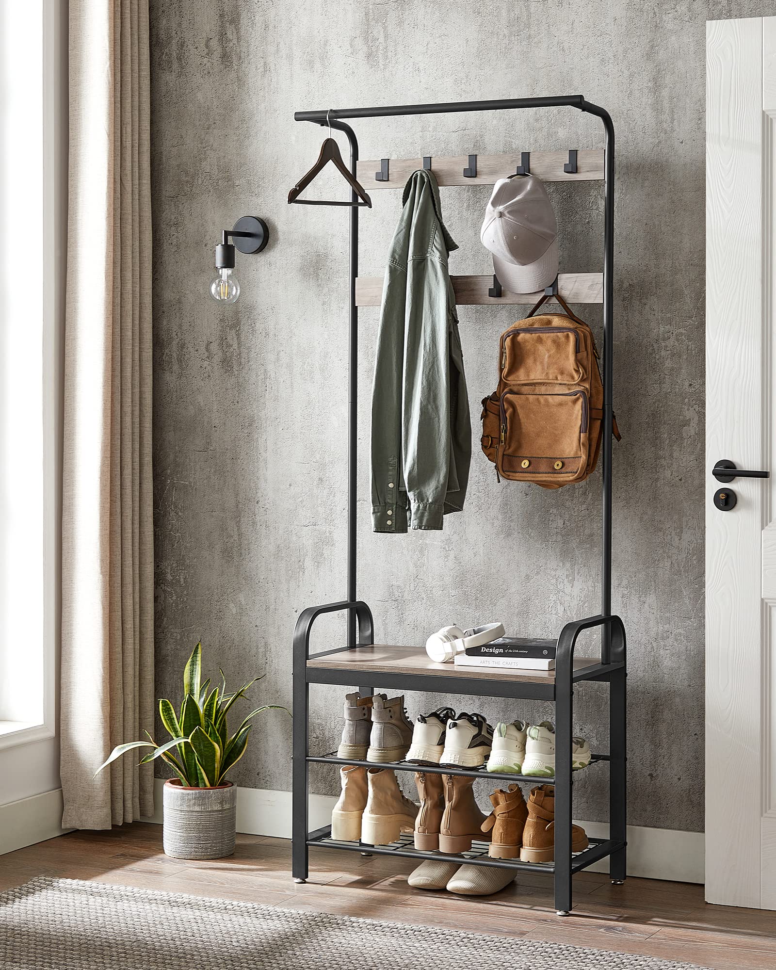 VASAGLE 4-in-1 Coat Rack with Shoe Storage Bench | 9 Removable Hooks | Greige & Black | 72 x 34 x 183 cm