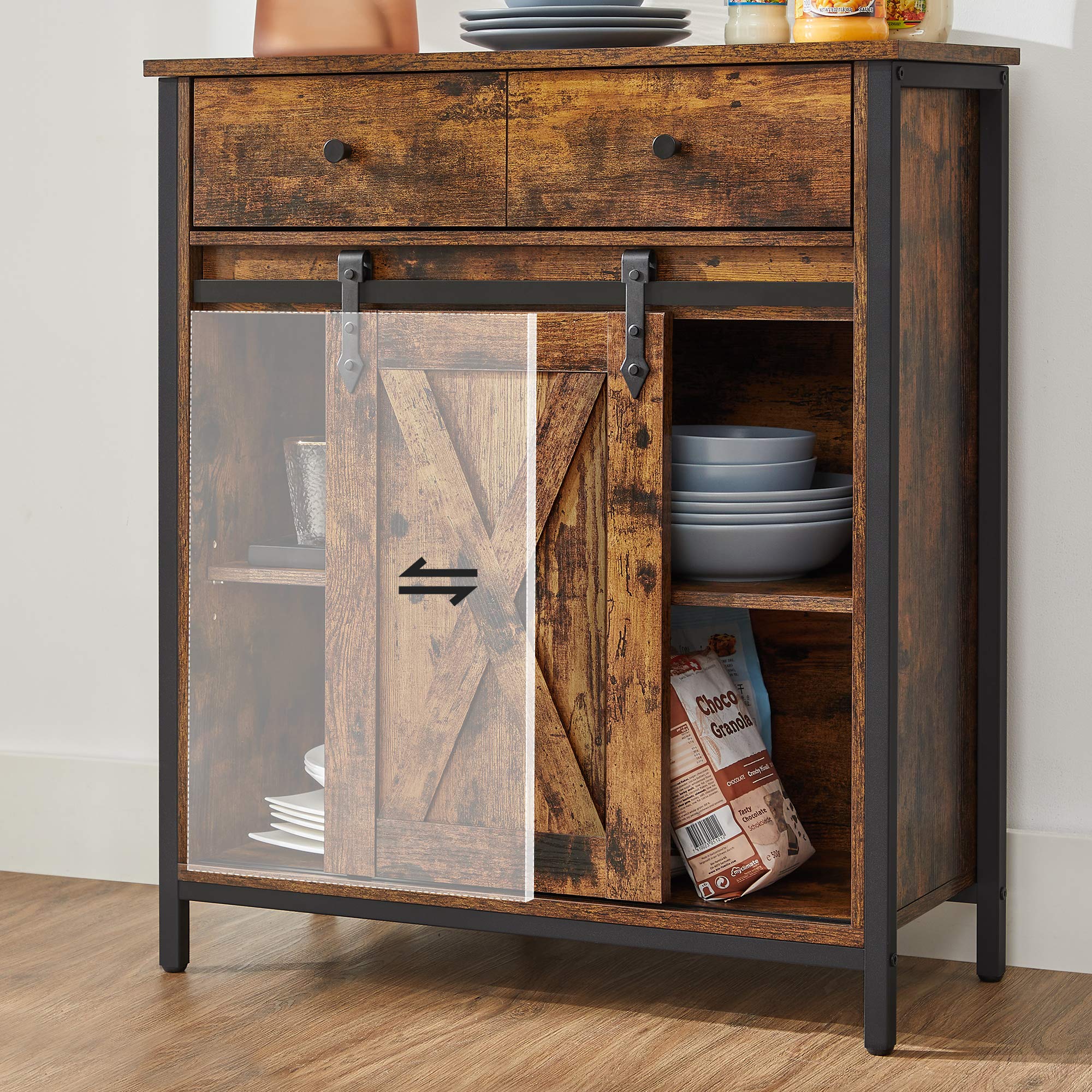 VASAGLE Storage Cabinet - Industrial Rustic Brown Sideboard with Sliding Barn Door | 1 Drawer, Adjustable Shelves 6