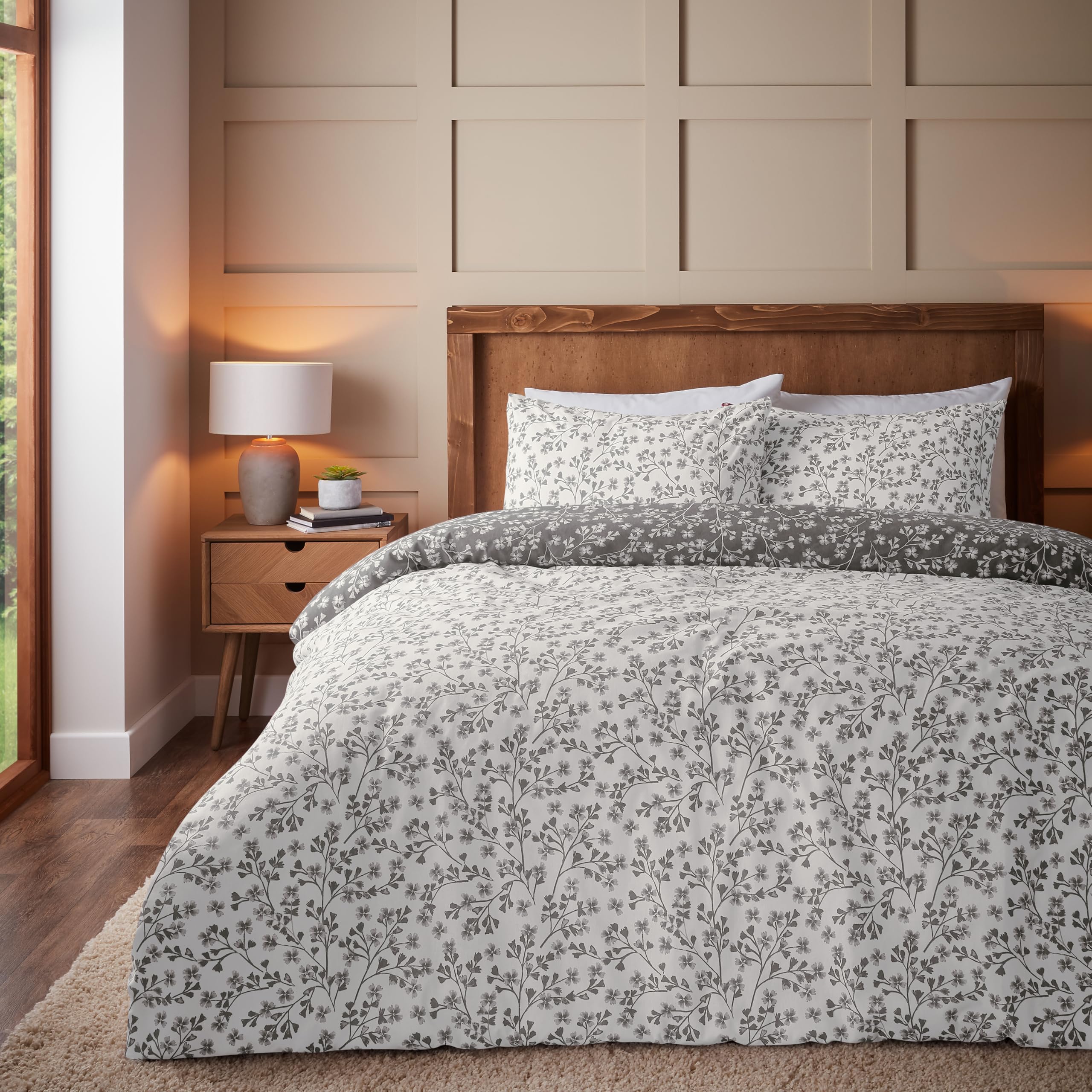 Catherine Lansfield Brushed Grace Floral Leaf Cotton Reversible Double Duvet Cover Set | 100% Cotton 2
