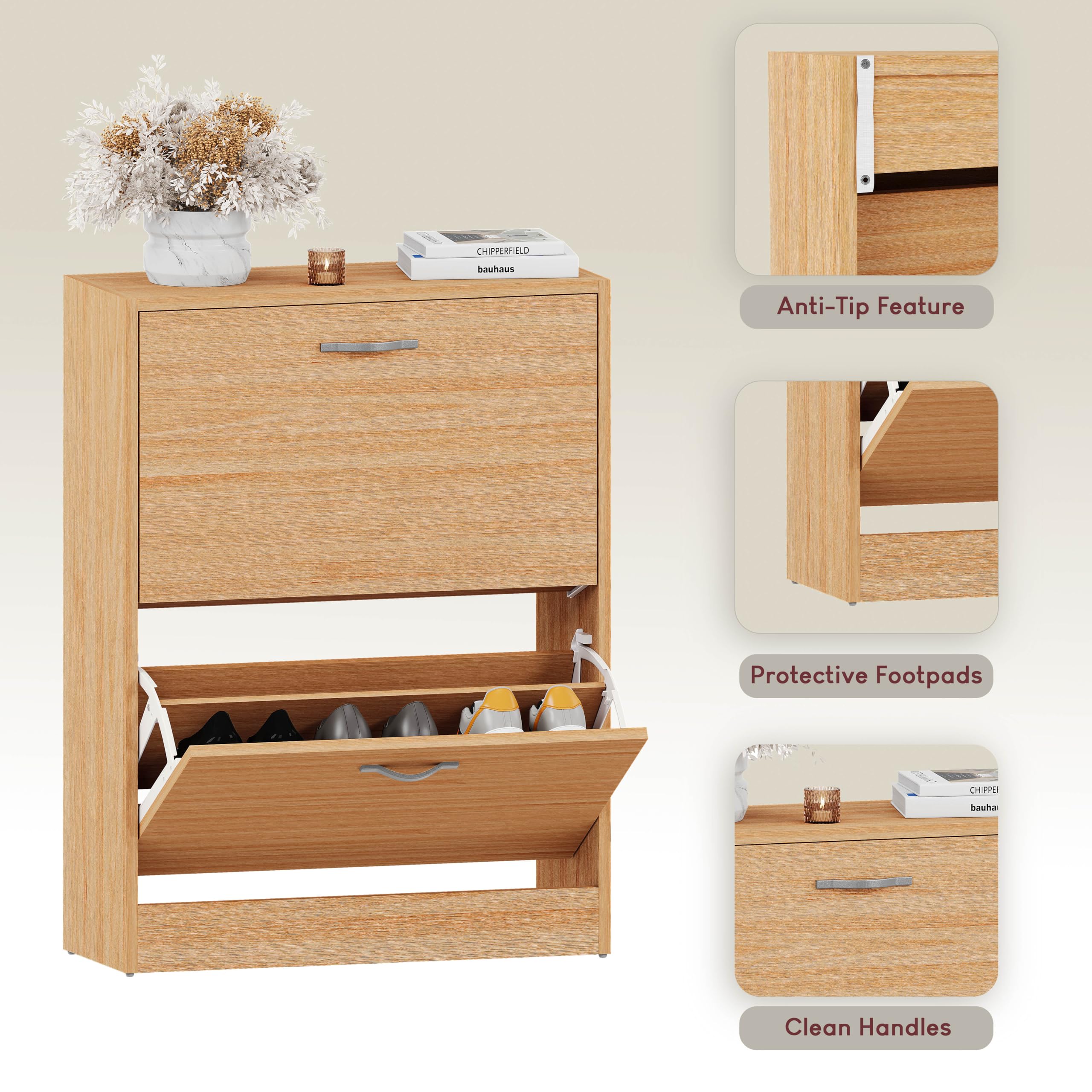 Vida Designs Wooden Shoe Cabinet - 2 Pull-Down Drawers | Slim Cupboard | Pine 6