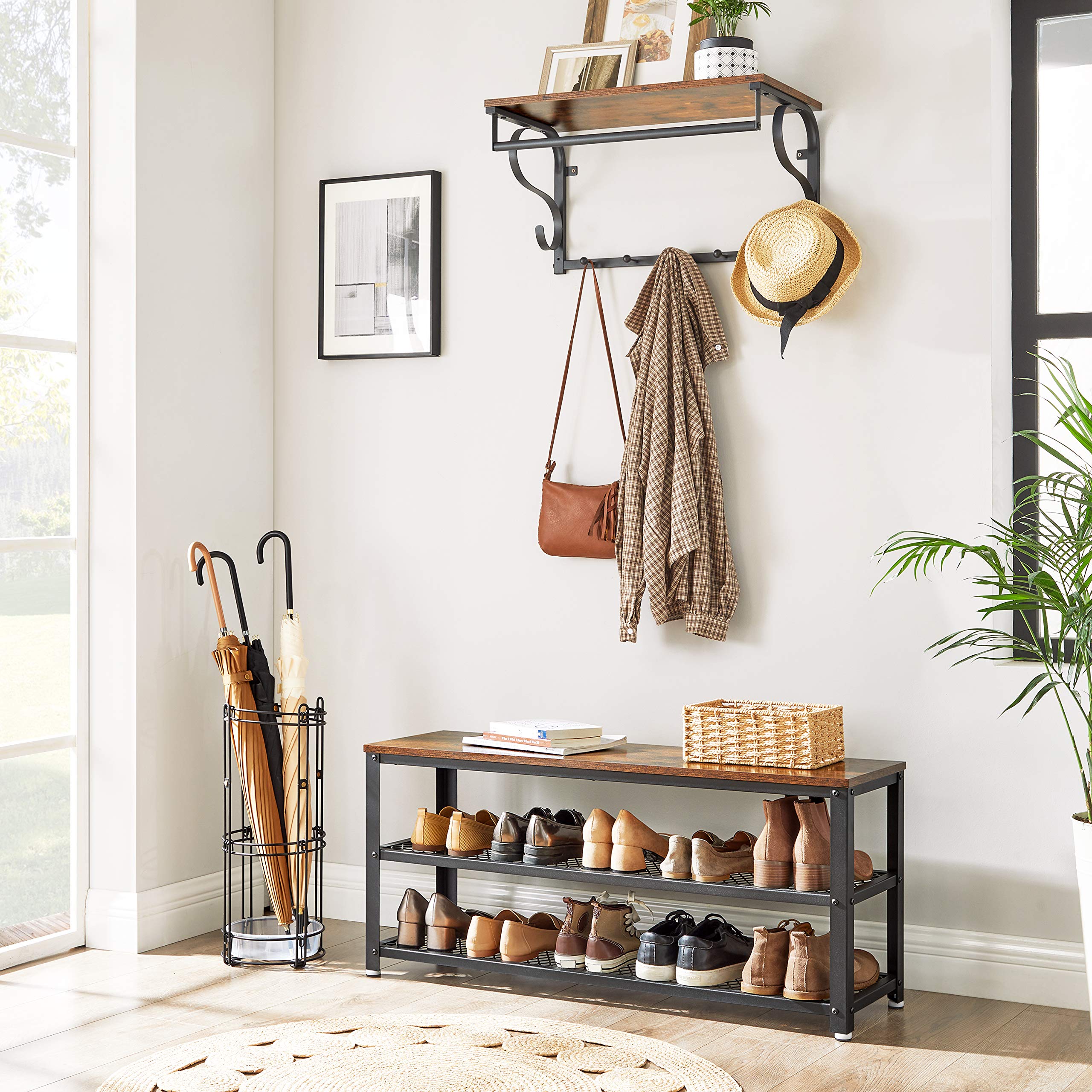 VASAGLE Shoe Storage Bench with 2 Shelves - 100 cm Wide, Industrial Style | Rustic Brown & Black