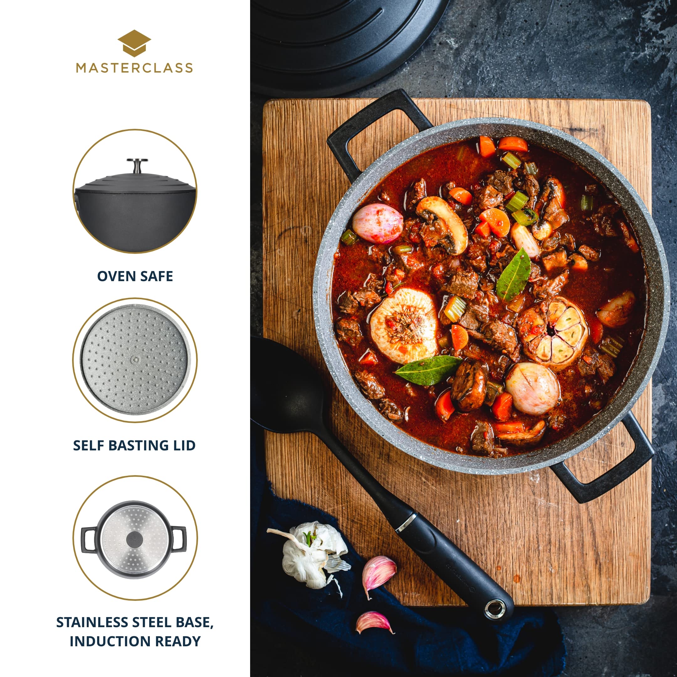MasterClass Cast Aluminium Casserole Dish with Lid - 5L/28 cm, Lightweight, Induction Safe, Black 5