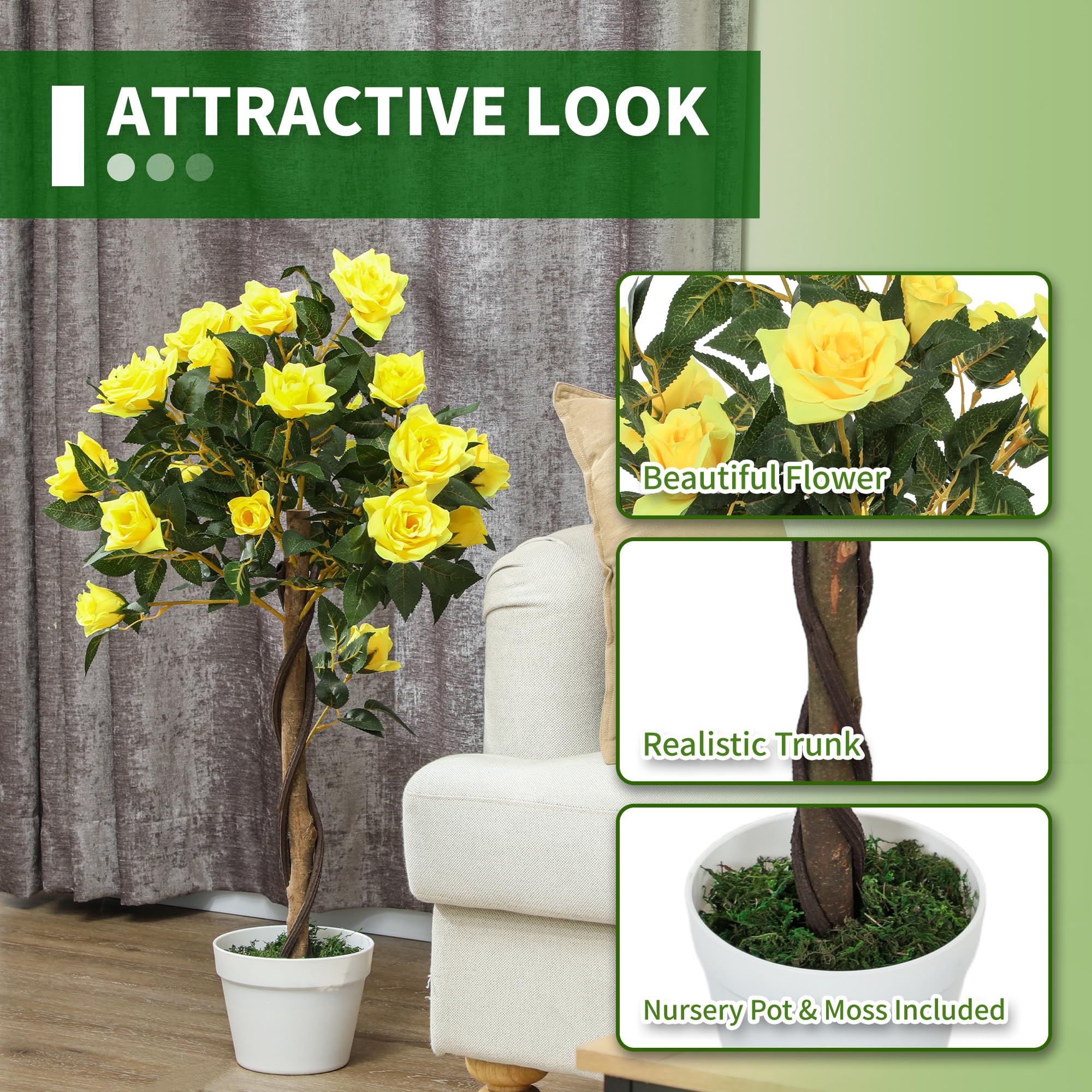 Outsunny Set of 2 Artificial Rose Trees - 90cm Yellow Faux Plant with Pot | UV-Resistant 4