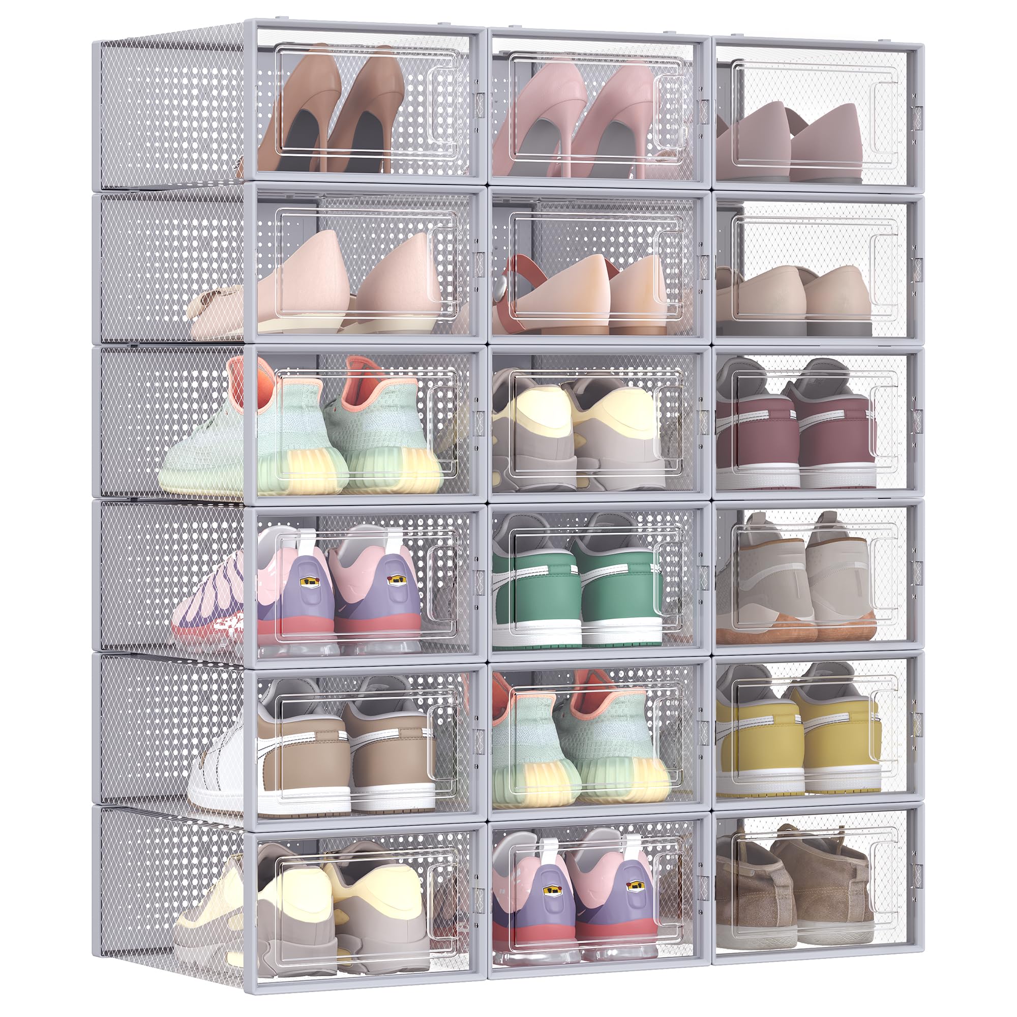 SONGMICS Shoe Boxes - Pack of 18 Stackable Organisers | Transparent Body | Fits up to UK Size 11 1